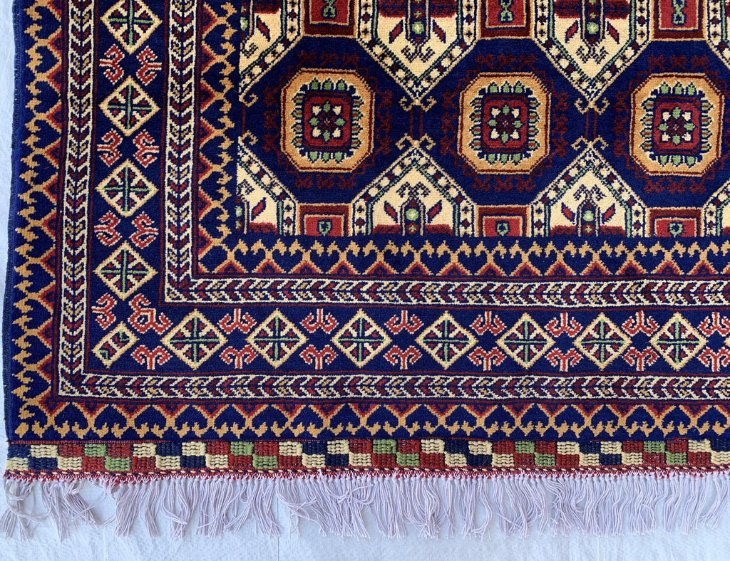 7x5 Handmade Khorjin Rug – Tribal Wool Area Rug | Red Blue Beige Geometric Carpet | Oriental Afghan Decor | Living Room or Office Floor Rug