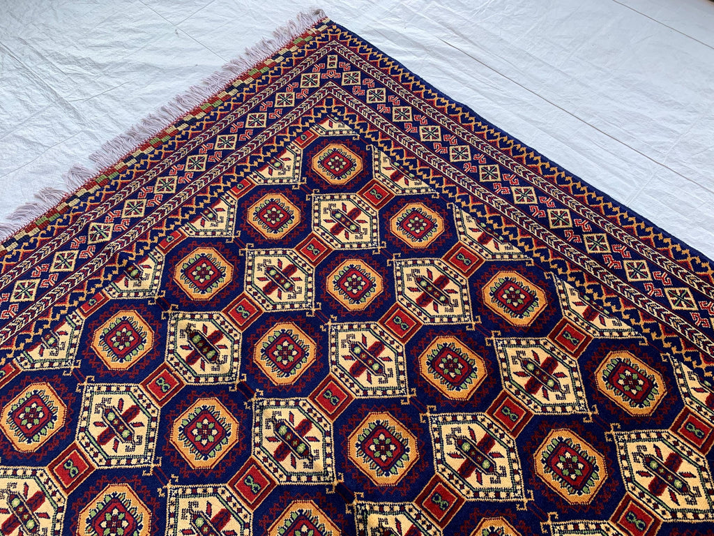 7x5 Handmade Khorjin Rug – Tribal Wool Area Rug | Red Blue Beige Geometric Carpet | Oriental Afghan Decor | Living Room or Office Floor Rug