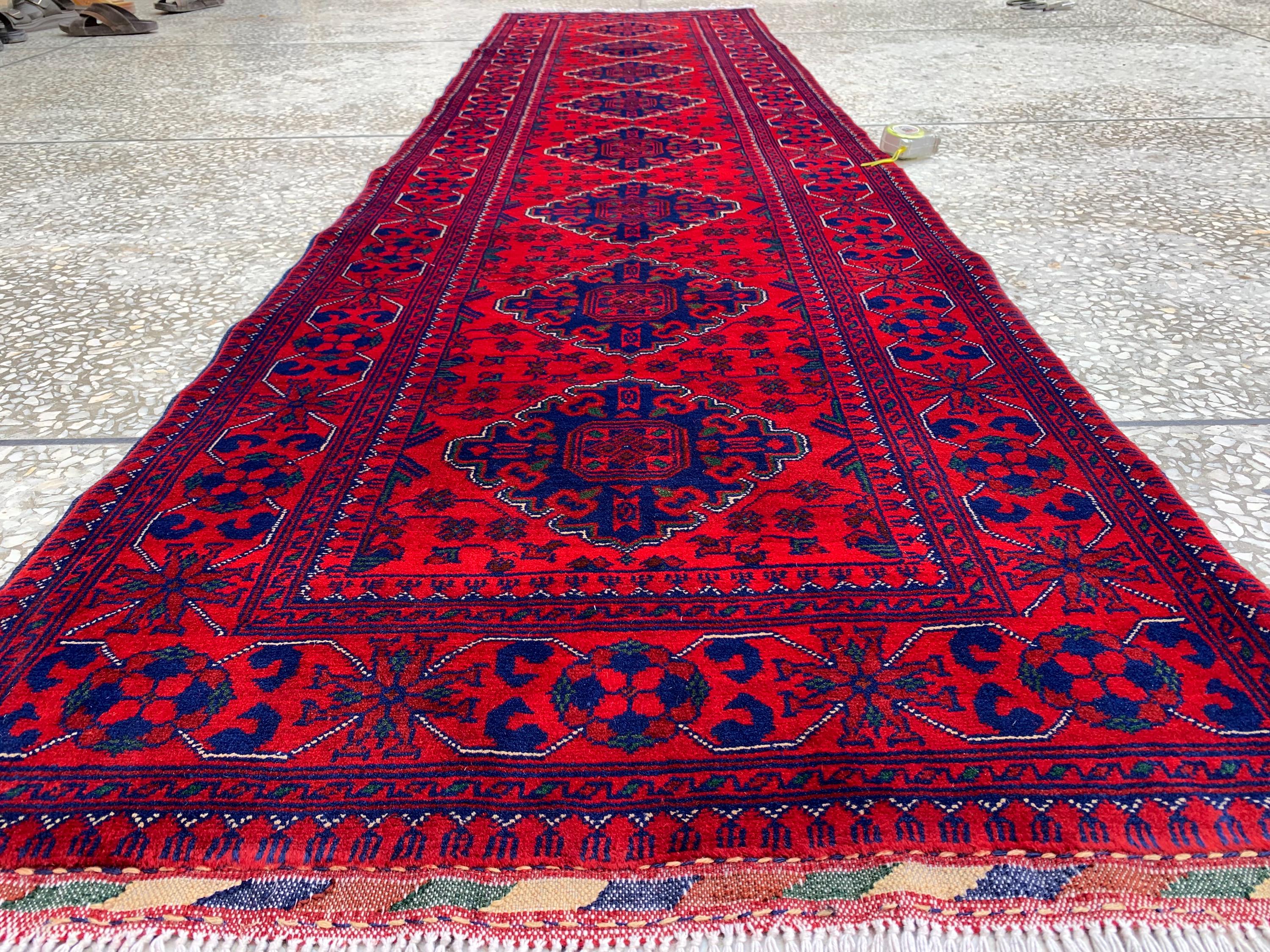 Modern 3x10ft Rug, Bukhara Runner Rug – Turkmen Hand-Knotted Wool Hallway Rug | Minimalist Afghan Runner | Red Geometric Carpet 300x79cm