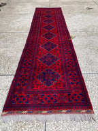 Modern 3x10ft Rug, Bukhara Runner Rug – Turkmen Hand-Knotted Wool Hallway Rug | Minimalist Afghan Runner | Red Geometric Carpet 300x79cm