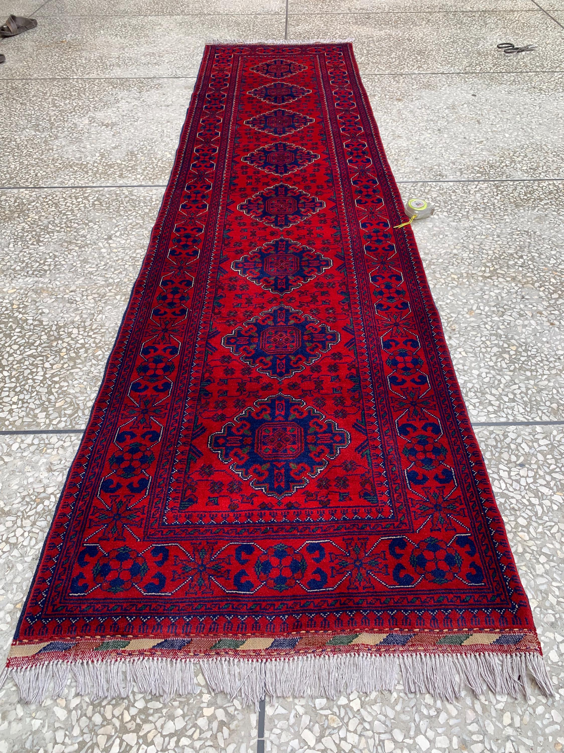 Modern 3x10ft Rug, Bukhara Runner Rug – Turkmen Hand-Knotted Wool Hallway Rug | Minimalist Afghan Runner | Red Geometric Carpet 300x79cm