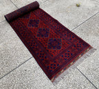 Modern 3x10ft Rug, Bukhara Runner Rug – Turkmen Hand-Knotted Wool Hallway Rug | Minimalist Afghan Runner | Red Geometric Carpet 300x79cm