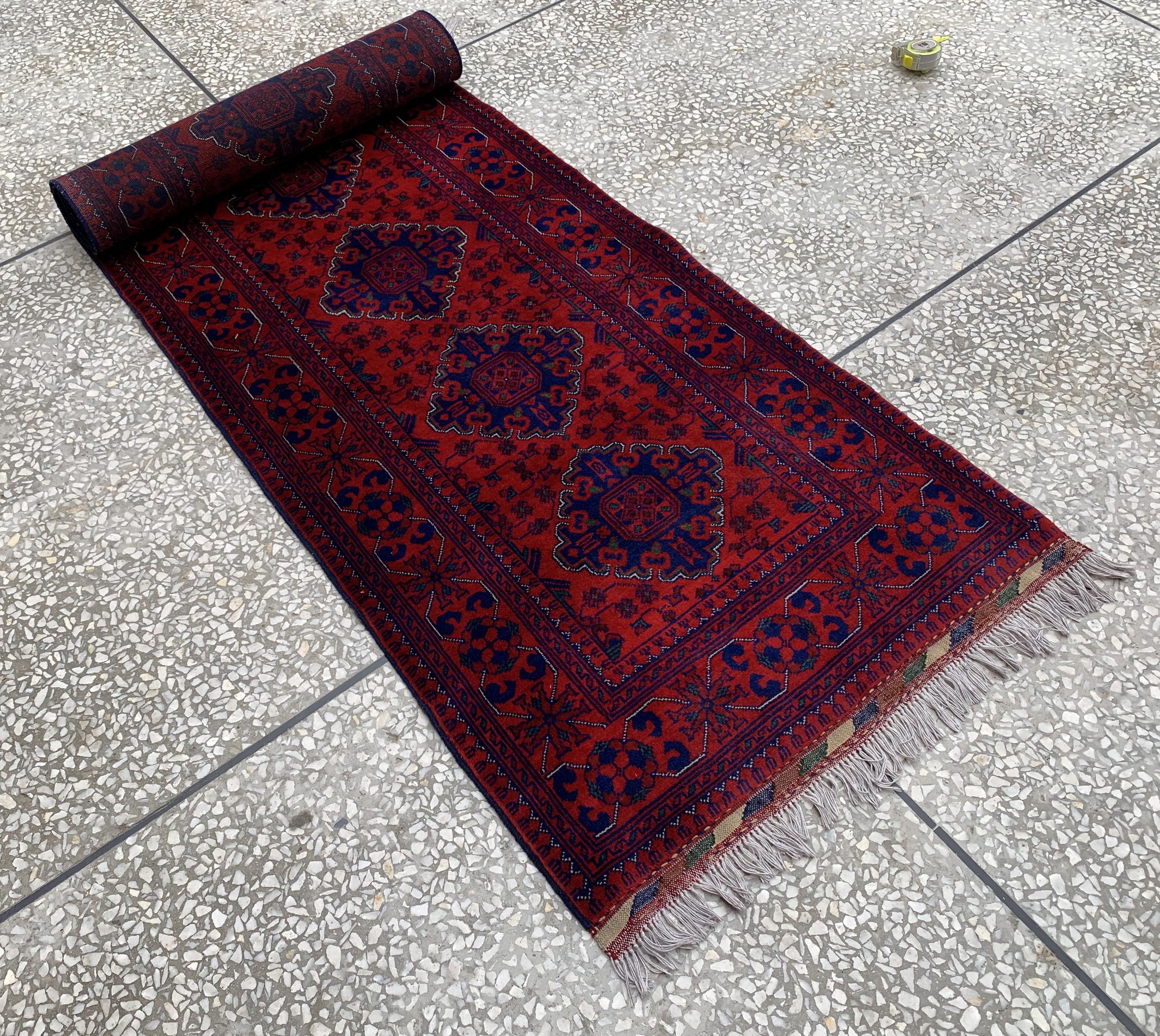 Modern 3x10ft Rug, Bukhara Runner Rug – Turkmen Hand-Knotted Wool Hallway Rug | Minimalist Afghan Runner | Red Geometric Carpet 300x79cm