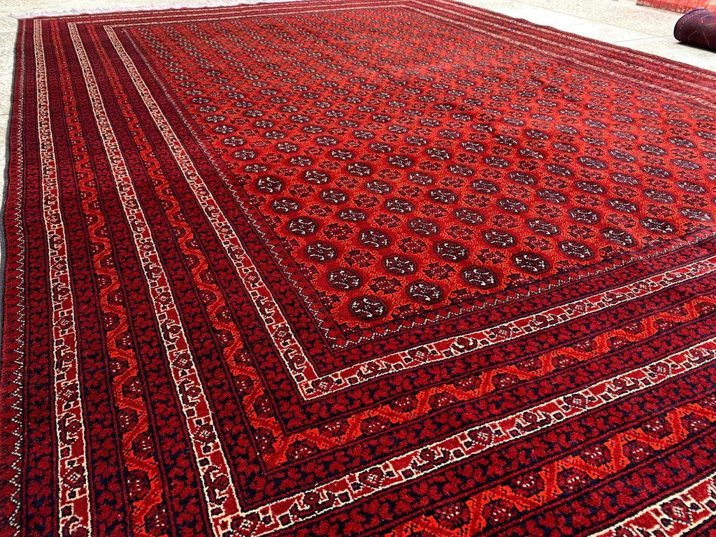 Large Mowri Gul Rug 9.6x6.6ft – Turkmen HandKnotted Afghan Wool Rug |Red Tribal Persian Carpet| Oriental Geometric Area Rug, living room Rug