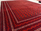 Large Mowri Gul Rug 9.6x6.6ft – Turkmen HandKnotted Afghan Wool Rug |Red Tribal Persian Carpet| Oriental Geometric Area Rug, living room Rug