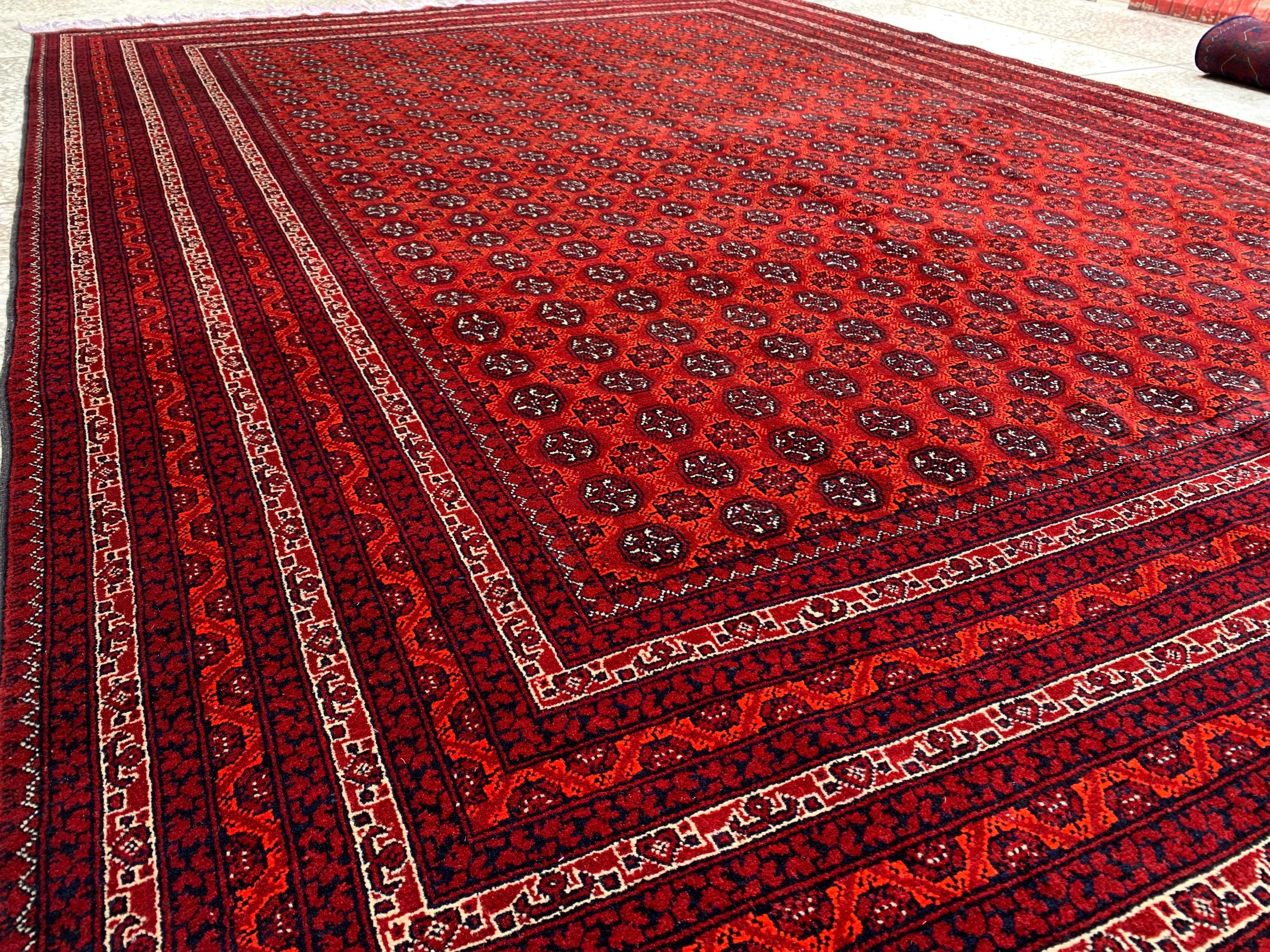 Large Mowri Gul Rug 9.6x6.6ft – Turkmen HandKnotted Afghan Wool Rug |Red Tribal Persian Carpet| Oriental Geometric Area Rug, living room Rug