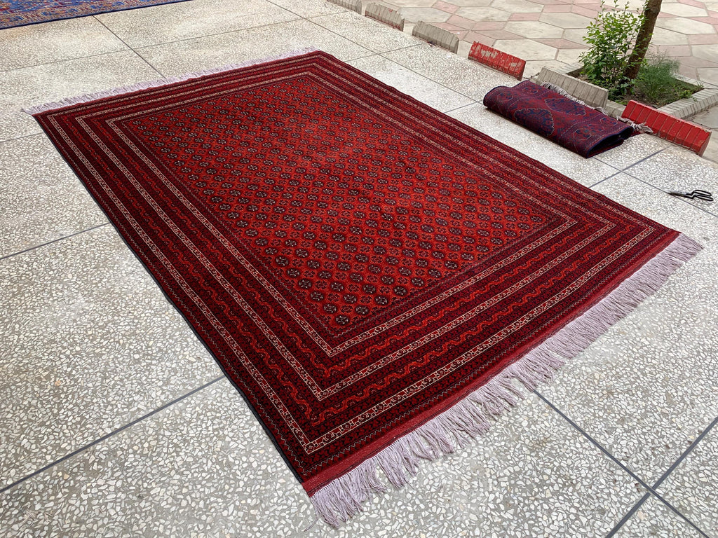 Large Mowri Gul Rug 9.6x6.6ft – Turkmen HandKnotted Afghan Wool Rug |Red Tribal Persian Carpet| Oriental Geometric Area Rug, living room Rug
