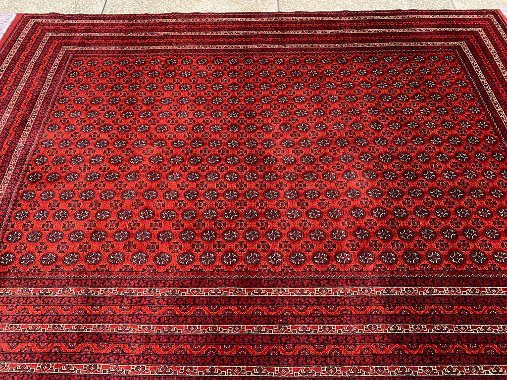 Large Mowri Gul Rug 9.6x6.6ft – Turkmen HandKnotted Afghan Wool Rug |Red Tribal Persian Carpet| Oriental Geometric Area Rug, living room Rug
