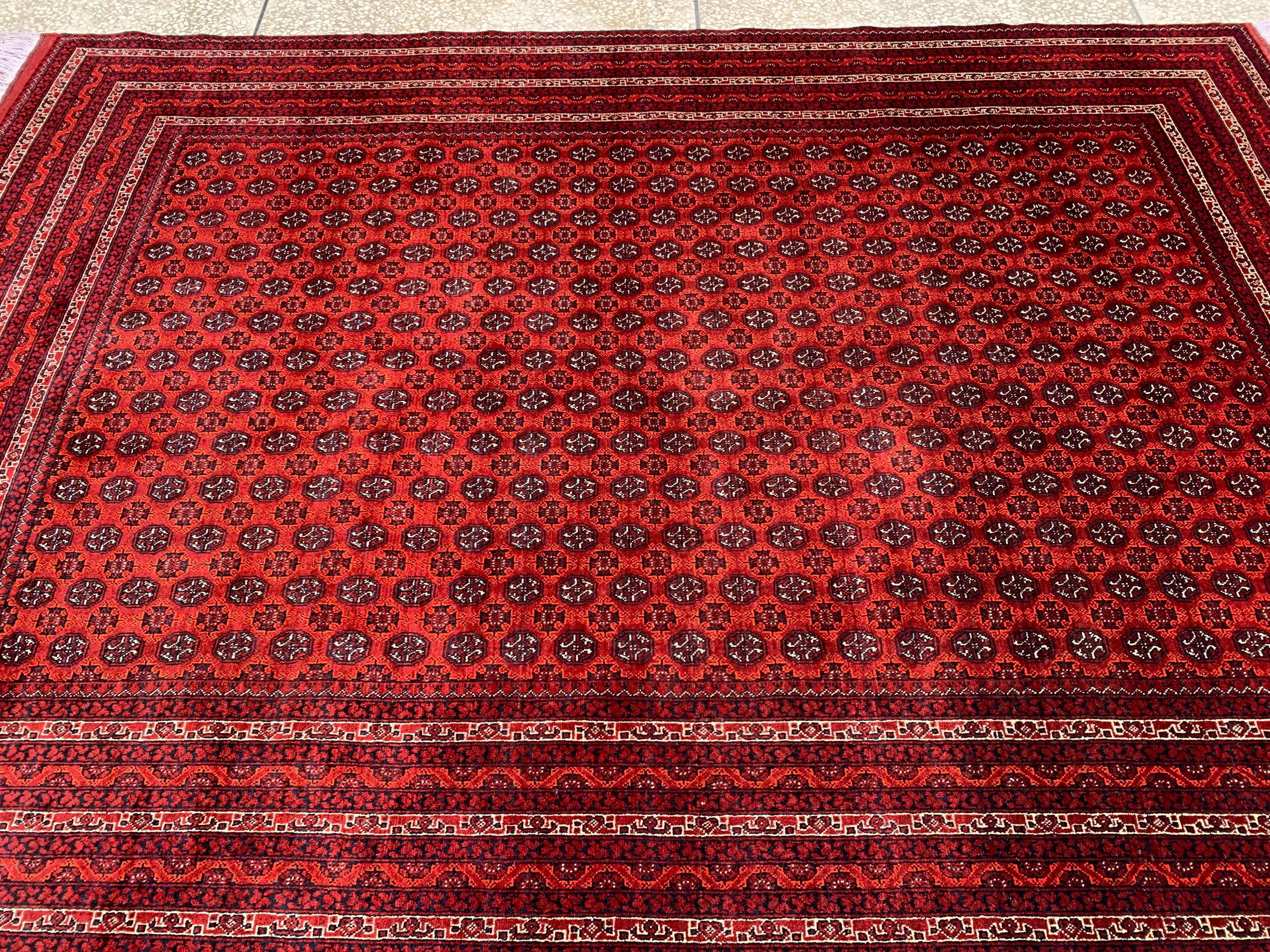 Large Mowri Gul Rug 9.6x6.6ft – Turkmen HandKnotted Afghan Wool Rug |Red Tribal Persian Carpet| Oriental Geometric Area Rug, living room Rug
