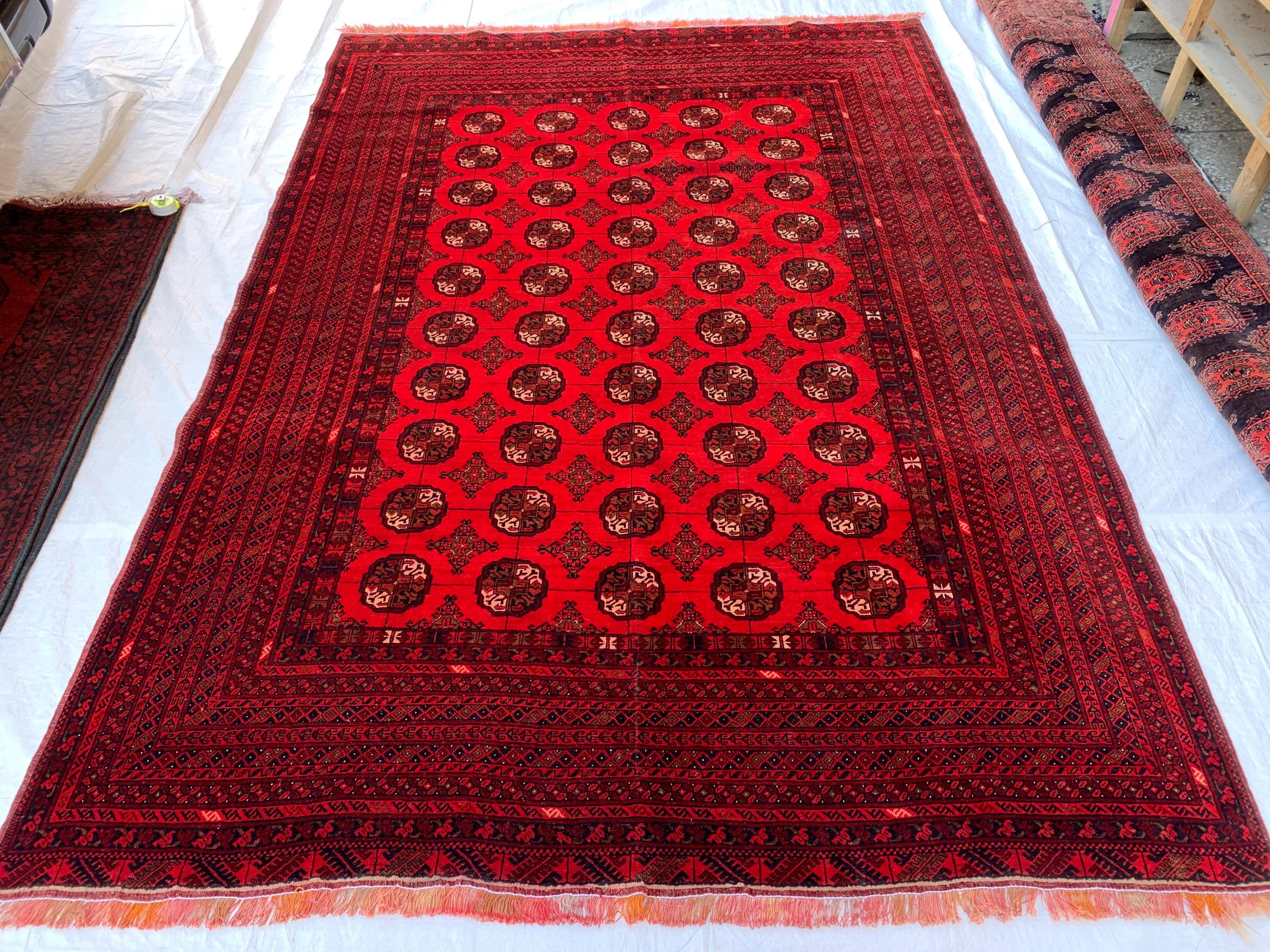 Antique Ahal Gul Rug 6.4x9.4dt – Vintage Red Hand-Knotted Wool Carpet |Tribal Oriental Area Rug for Living Room, Study, Home Décor 289x191cm