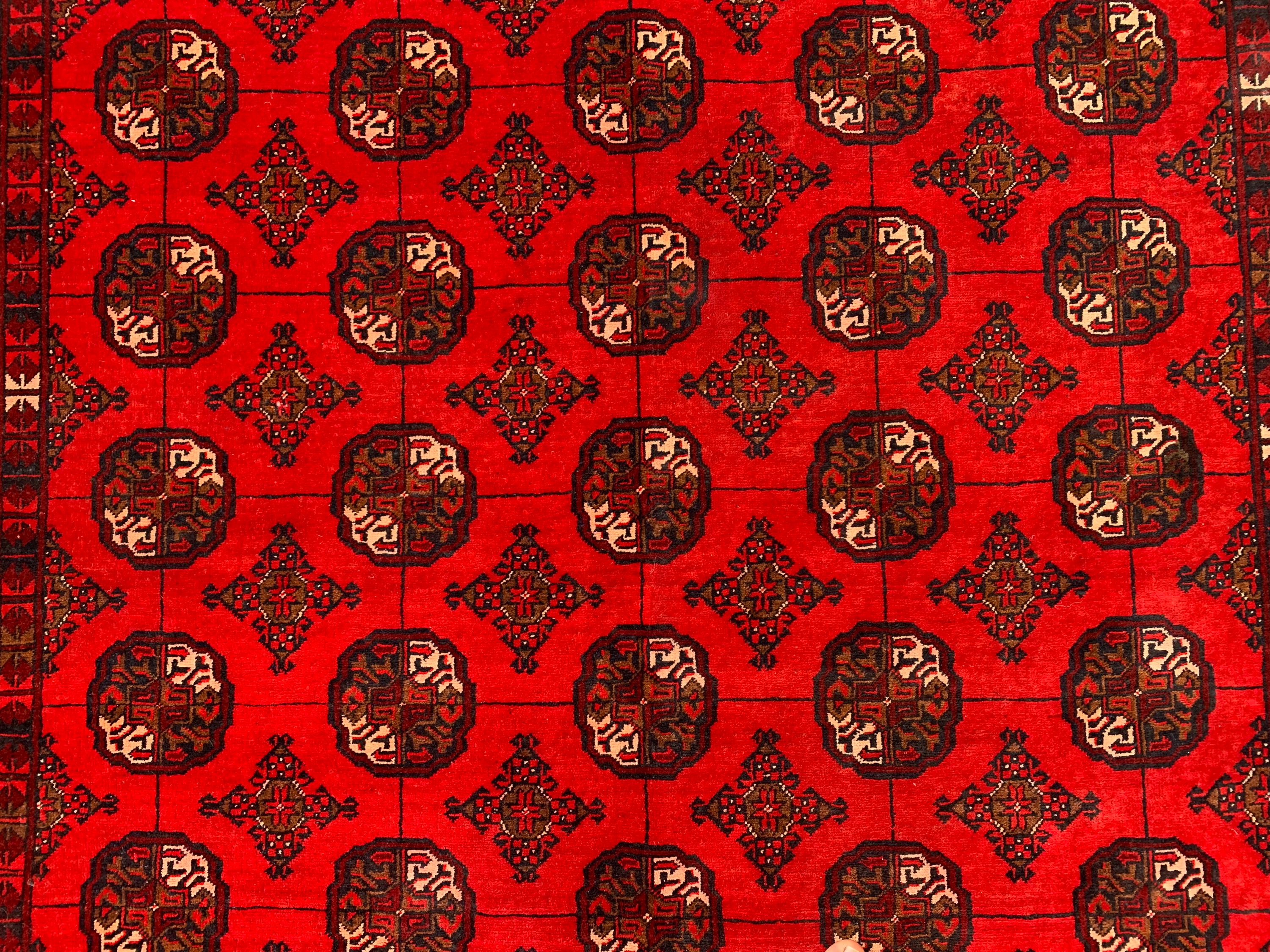 Antique Ahal Gul Rug 6.4x9.4dt – Vintage Red Hand-Knotted Wool Carpet |Tribal Oriental Area Rug for Living Room, Study, Home Décor 289x191cm