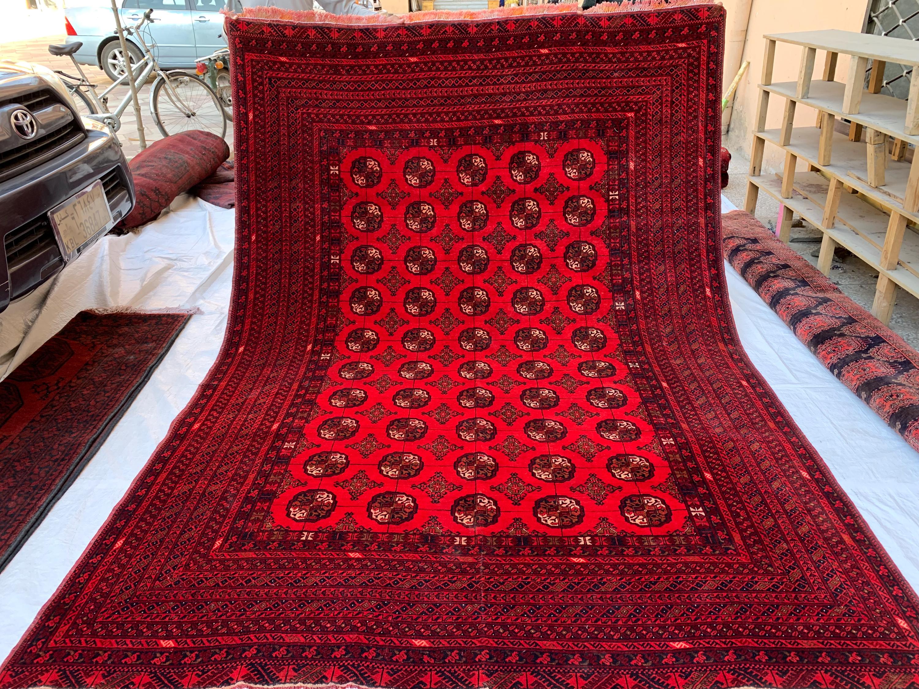 Antique Ahal Gul Rug 6.4x9.4dt – Vintage Red Hand-Knotted Wool Carpet |Tribal Oriental Area Rug for Living Room, Study, Home Décor 289x191cm