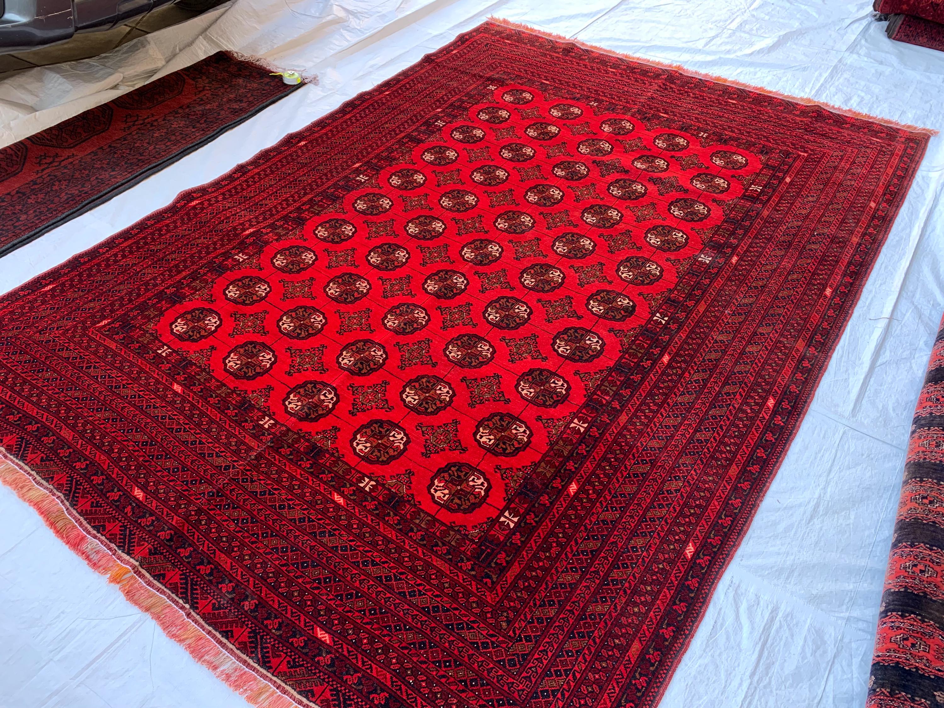 Antique Ahal Gul Rug 6.4x9.4dt – Vintage Red Hand-Knotted Wool Carpet |Tribal Oriental Area Rug for Living Room, Study, Home Décor 289x191cm