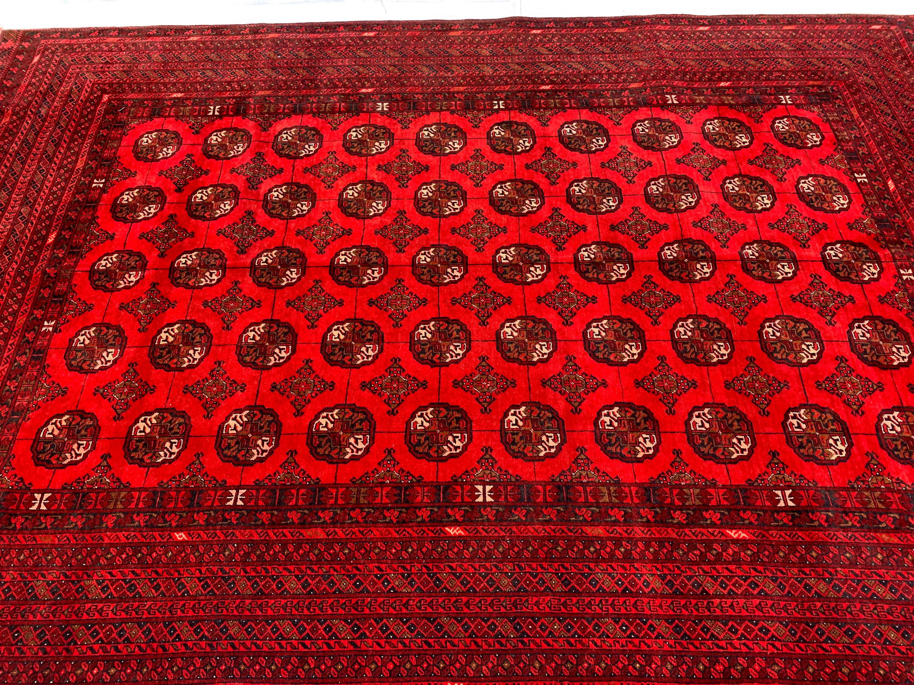 Antique Ahal Gul Rug 6.4x9.4dt – Vintage Red Hand-Knotted Wool Carpet |Tribal Oriental Area Rug for Living Room, Study, Home Décor 289x191cm
