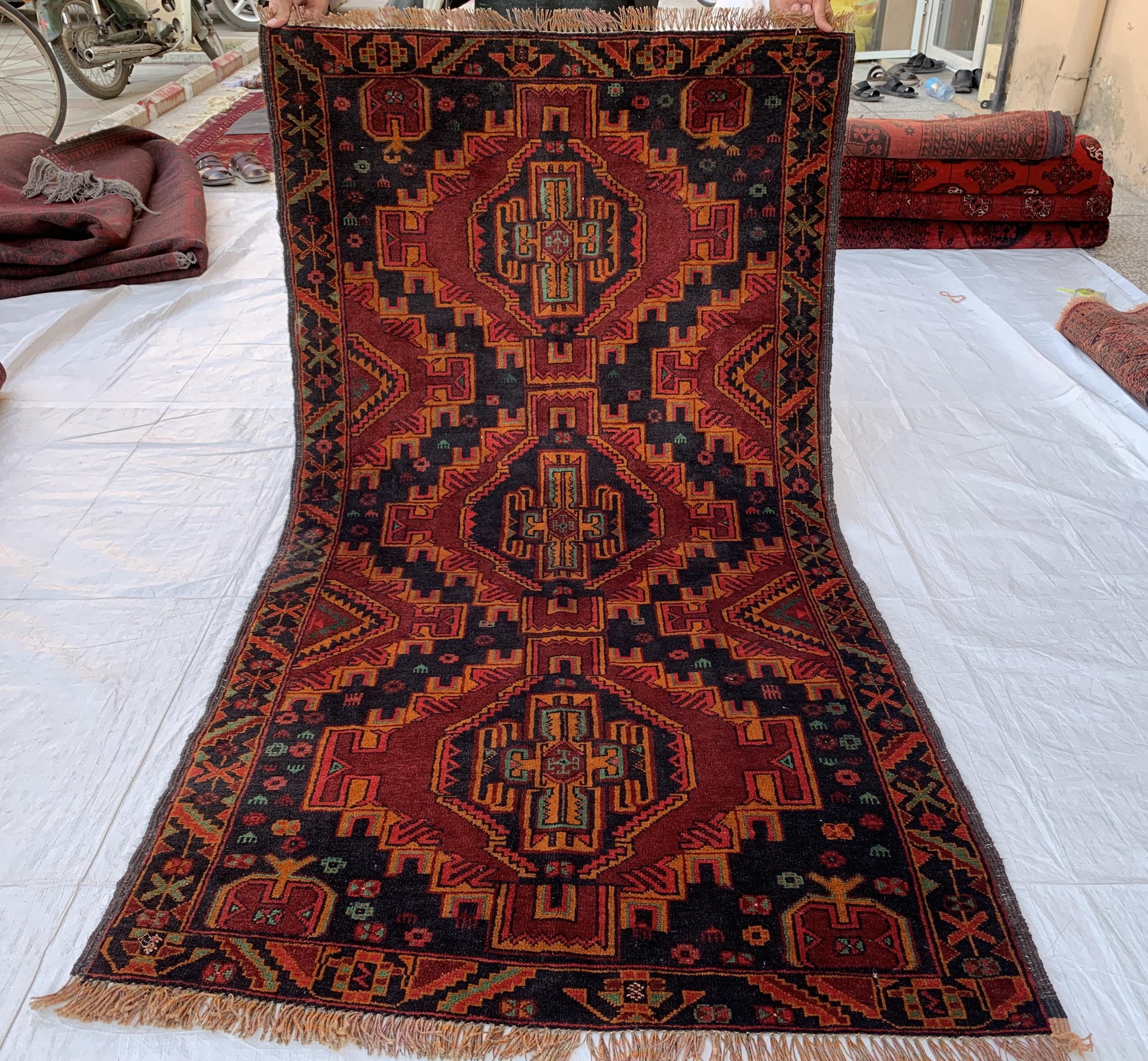 Baluchi Vintage Rug 3x6 –Hand-Knotted Tribal Wool Carpet | Red and Black Oriental Accent Rug for Entryway, Bedroom, or Wall Décor 186x100cm