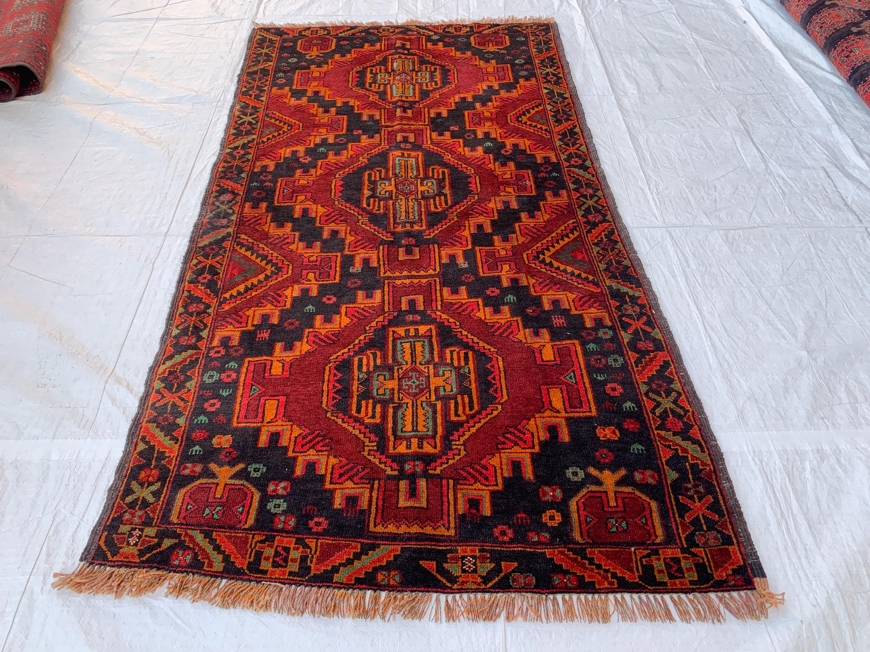 Baluchi Vintage Rug 3x6 –Hand-Knotted Tribal Wool Carpet | Red and Black Oriental Accent Rug for Entryway, Bedroom, or Wall Décor 186x100cm