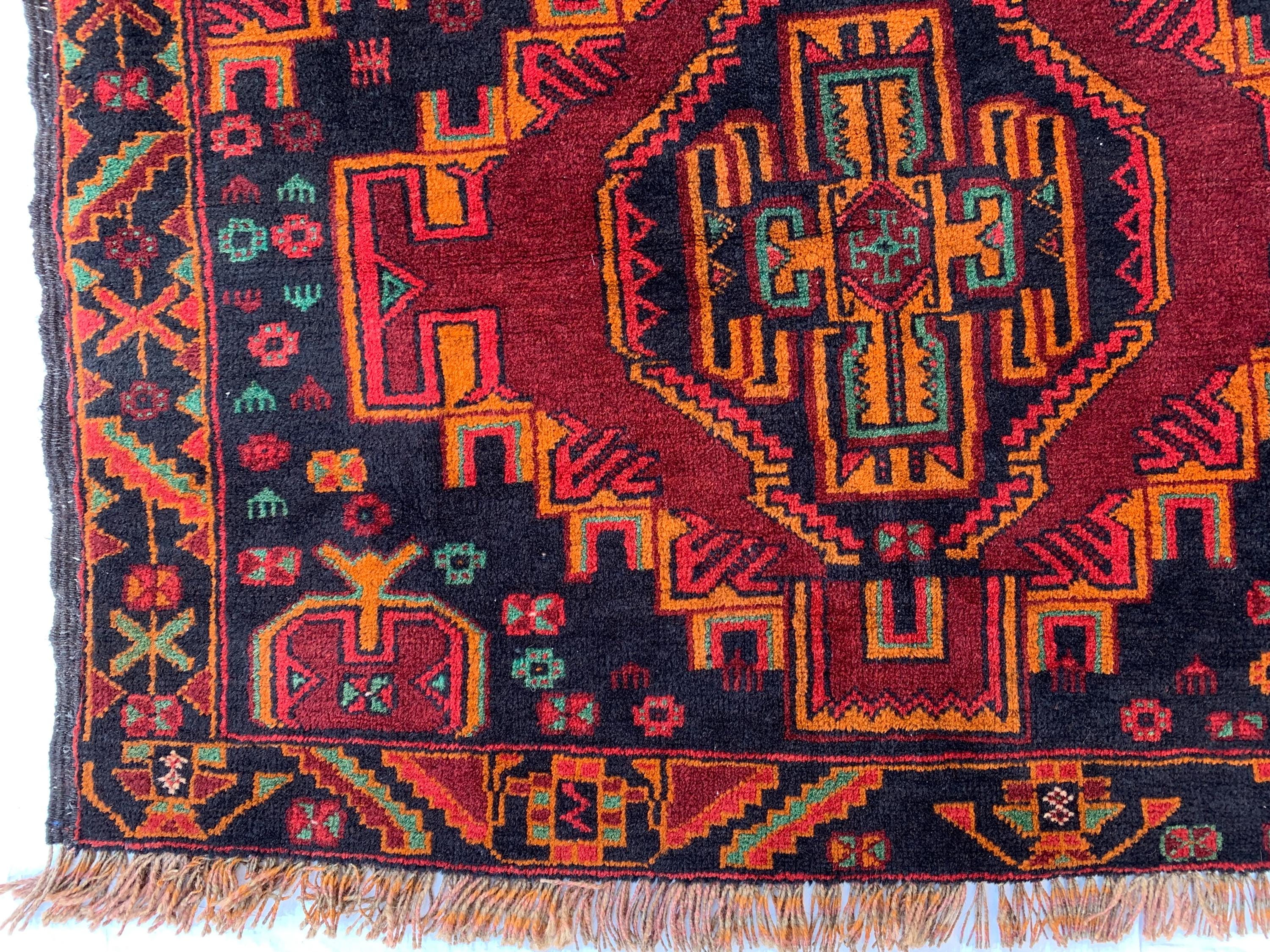 Baluchi Vintage Rug 3x6 –Hand-Knotted Tribal Wool Carpet | Red and Black Oriental Accent Rug for Entryway, Bedroom, or Wall Décor 186x100cm