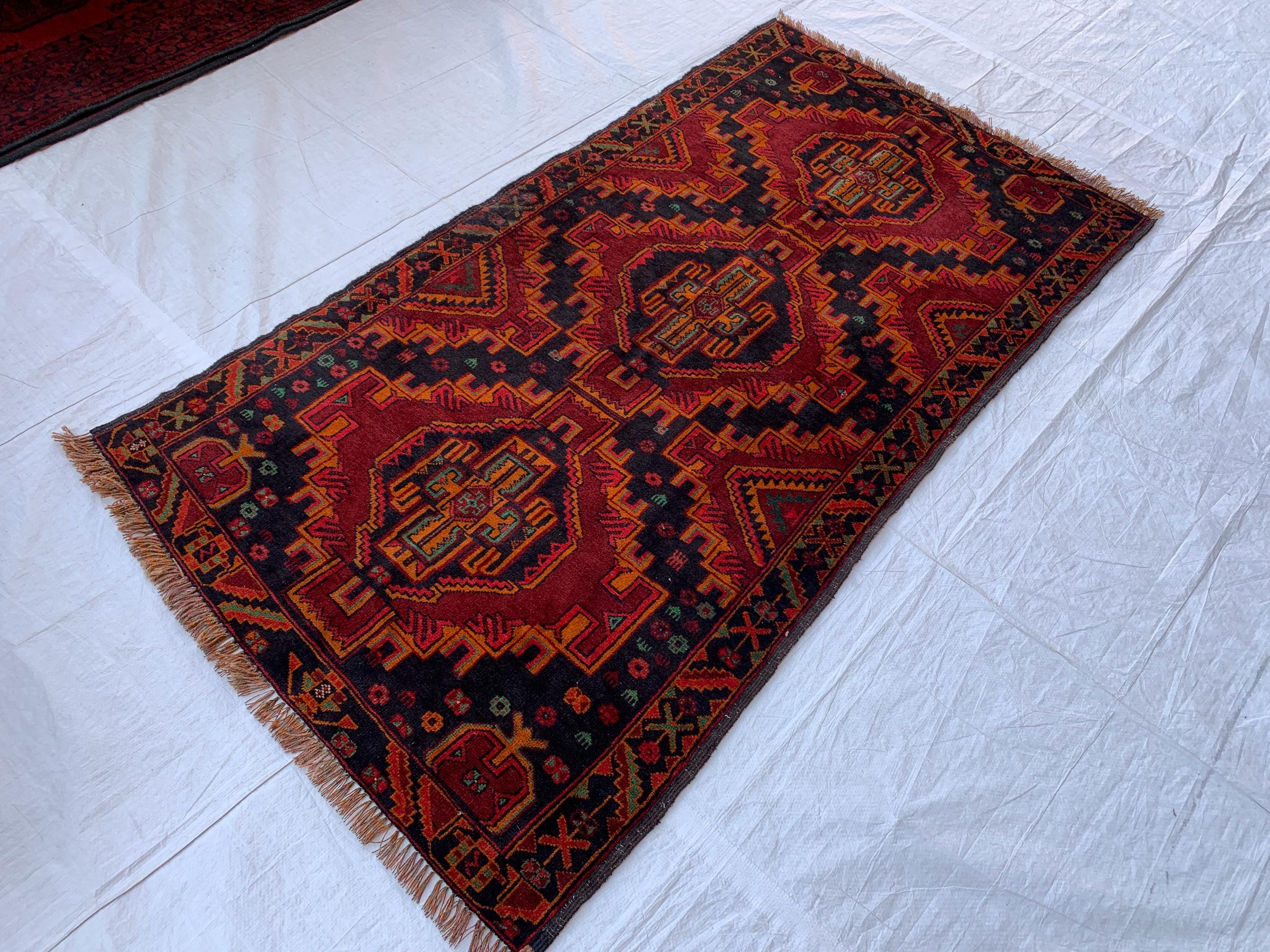 Baluchi Vintage Rug 3x6 –Hand-Knotted Tribal Wool Carpet | Red and Black Oriental Accent Rug for Entryway, Bedroom, or Wall Décor 186x100cm