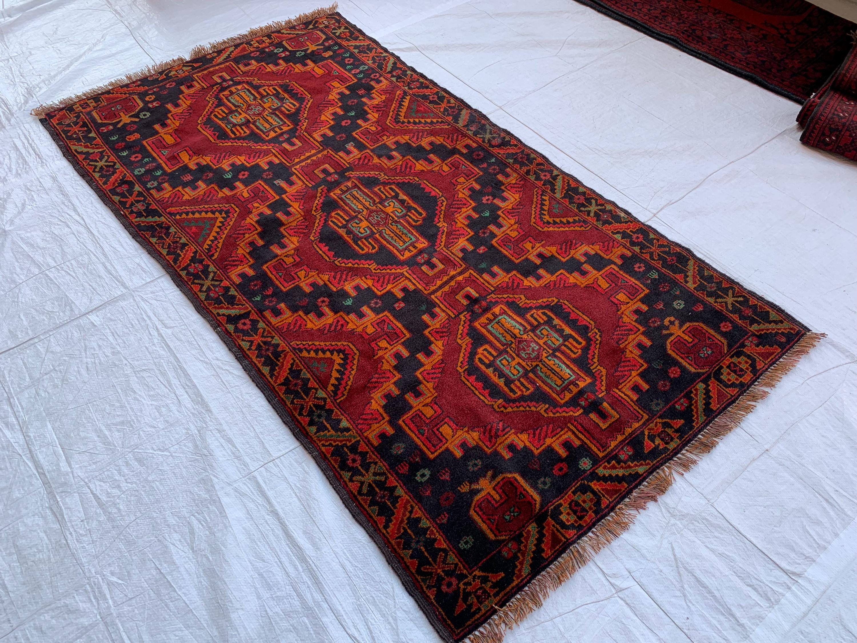 Baluchi Vintage Rug 3x6 –Hand-Knotted Tribal Wool Carpet | Red and Black Oriental Accent Rug for Entryway, Bedroom, or Wall Décor 186x100cm