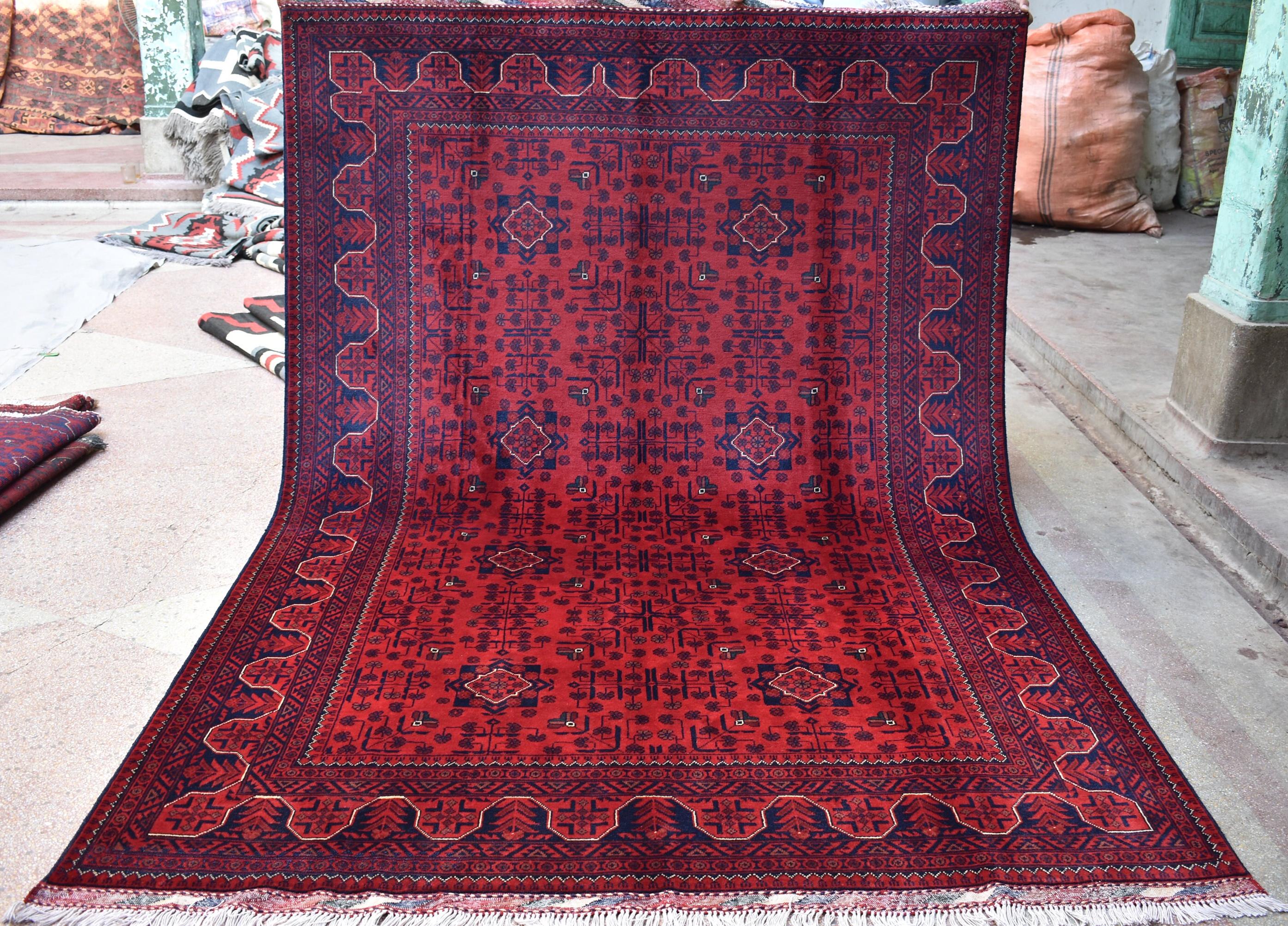 6x8 Rug Afghan Tribal Red Bukhara Handmade Wool Area Rug, Oriental Carpet, Vintage Style Living Room, Decor, Boho Floor Mat, Medium Rug