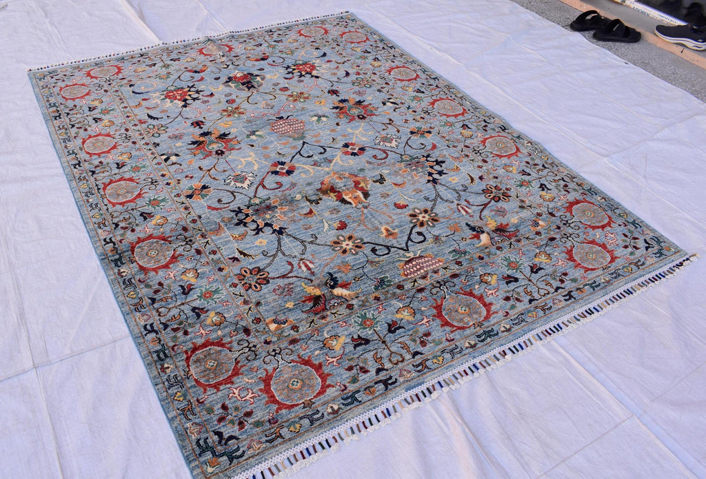 6x8 Light Blue Authentic Afghan Handmade Chobi Wool Carpet | Boho Home Decor, Rug for living room, Bedroom Rug, Rust and navy floral pattern