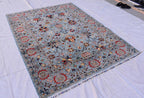 6x8 Light Blue Authentic Afghan Handmade Chobi Wool Carpet | Boho Home Decor, Rug for living room, Bedroom Rug, Rust and navy floral pattern