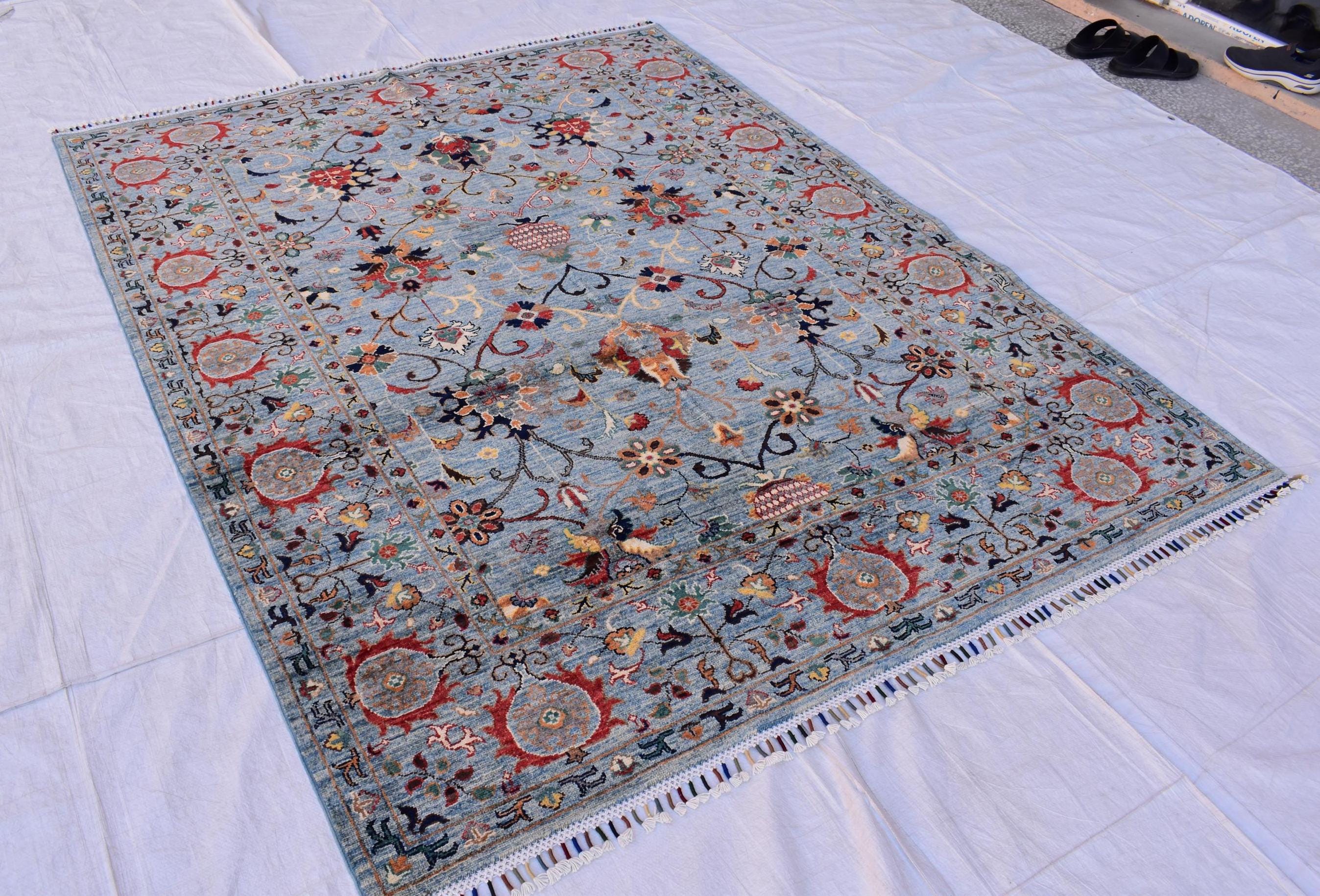 6x8 Light Blue Authentic Afghan Handmade Chobi Wool Carpet | Boho Home Decor, Rug for living room, Bedroom Rug, Rust and navy floral pattern
