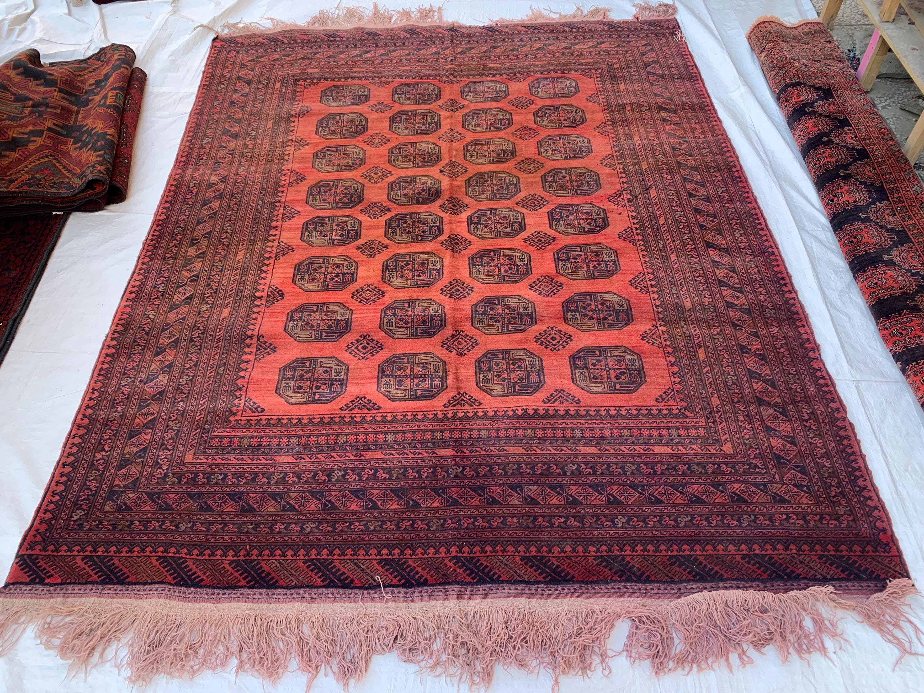 Antique Elephant Footprint Rug – 8.4x6.8 ft Handwoven Afghan Tribal Carpet, Rare Collector's Piece, Vintage Wool Oriental Rug 250x200cm