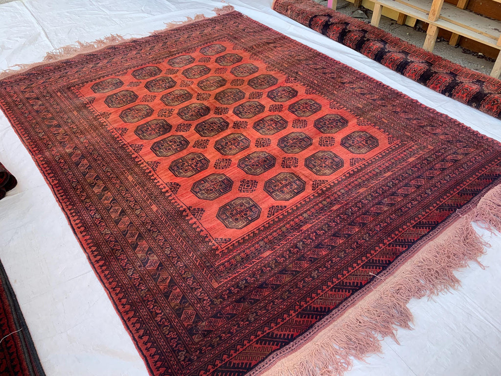 Antique Elephant Footprint Rug – 8.4x6.8 ft Handwoven Afghan Tribal Carpet, Rare Collector's Piece, Vintage Wool Oriental Rug 250x200cm