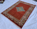 Antique 4.6x6 ft Rusty Red Wool & Silk Rug–Handmade Persian Carpet – One-of-a-Kind Distressed Boho Rug– Non-Slip Luxurious Collector’s Piece