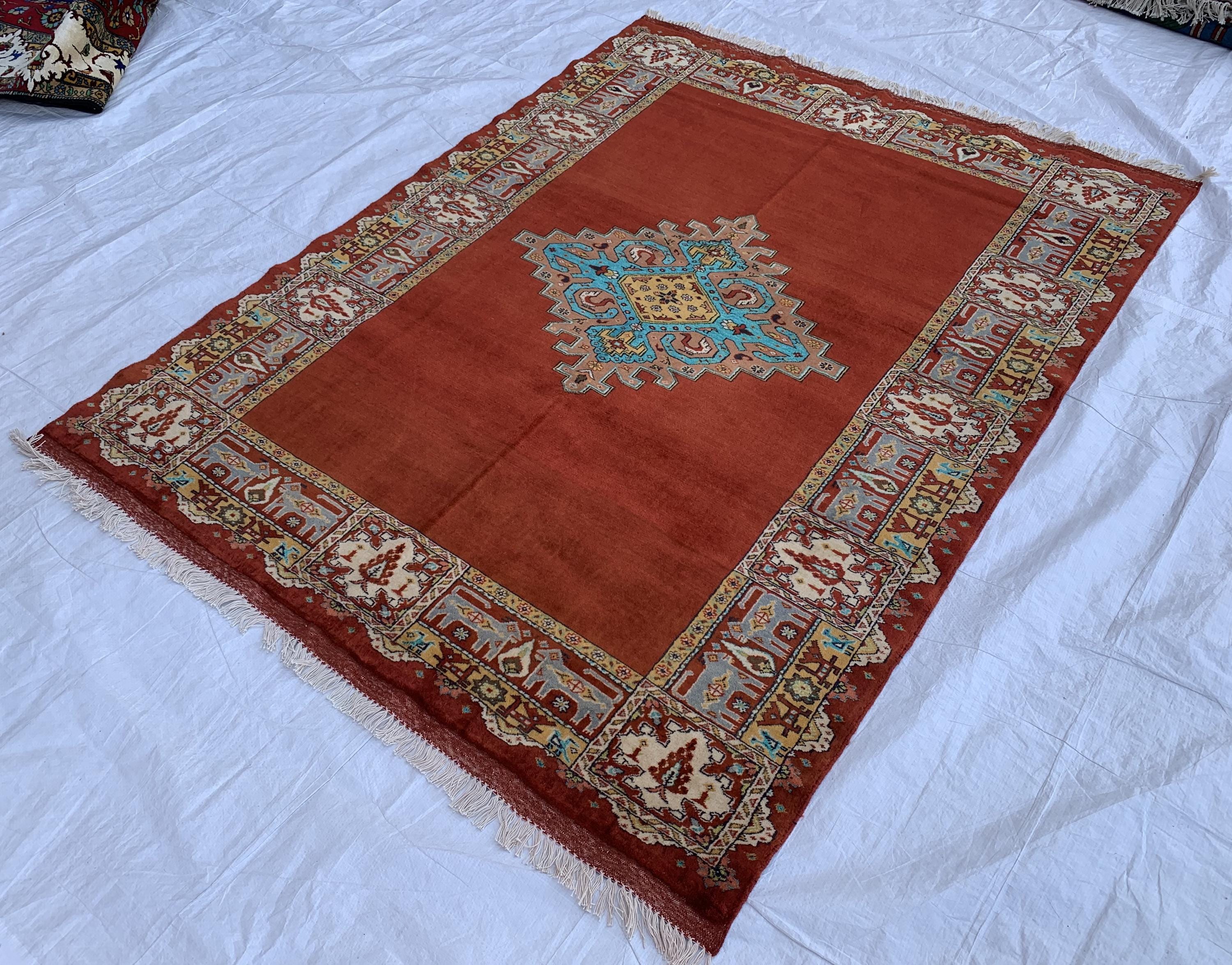 Antique 4.6x6 ft Rusty Red Wool & Silk Rug–Handmade Persian Carpet – One-of-a-Kind Distressed Boho Rug– Non-Slip Luxurious Collector’s Piece