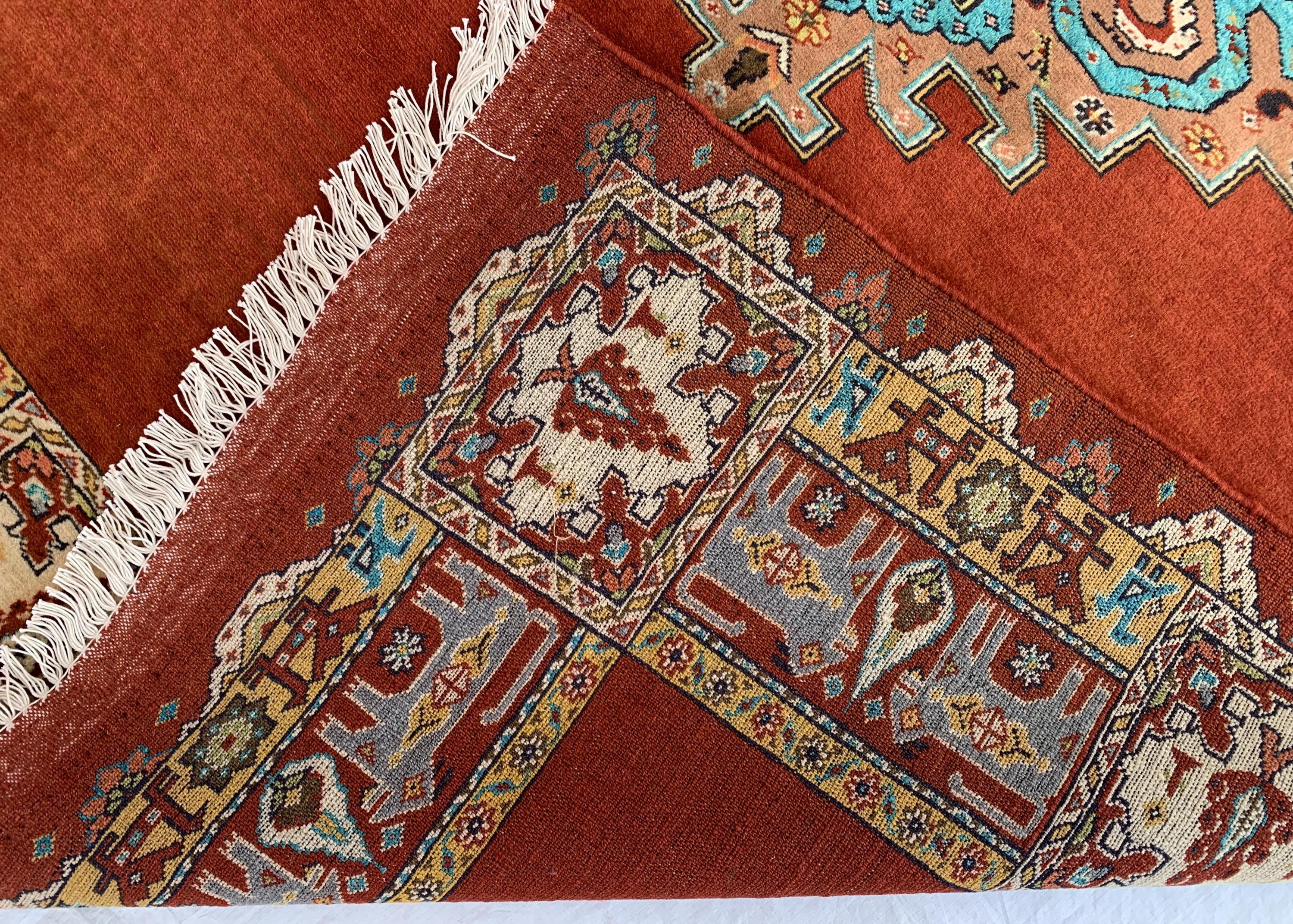 Antique 4.6x6 ft Rusty Red Wool & Silk Rug–Handmade Persian Carpet – One-of-a-Kind Distressed Boho Rug– Non-Slip Luxurious Collector’s Piece