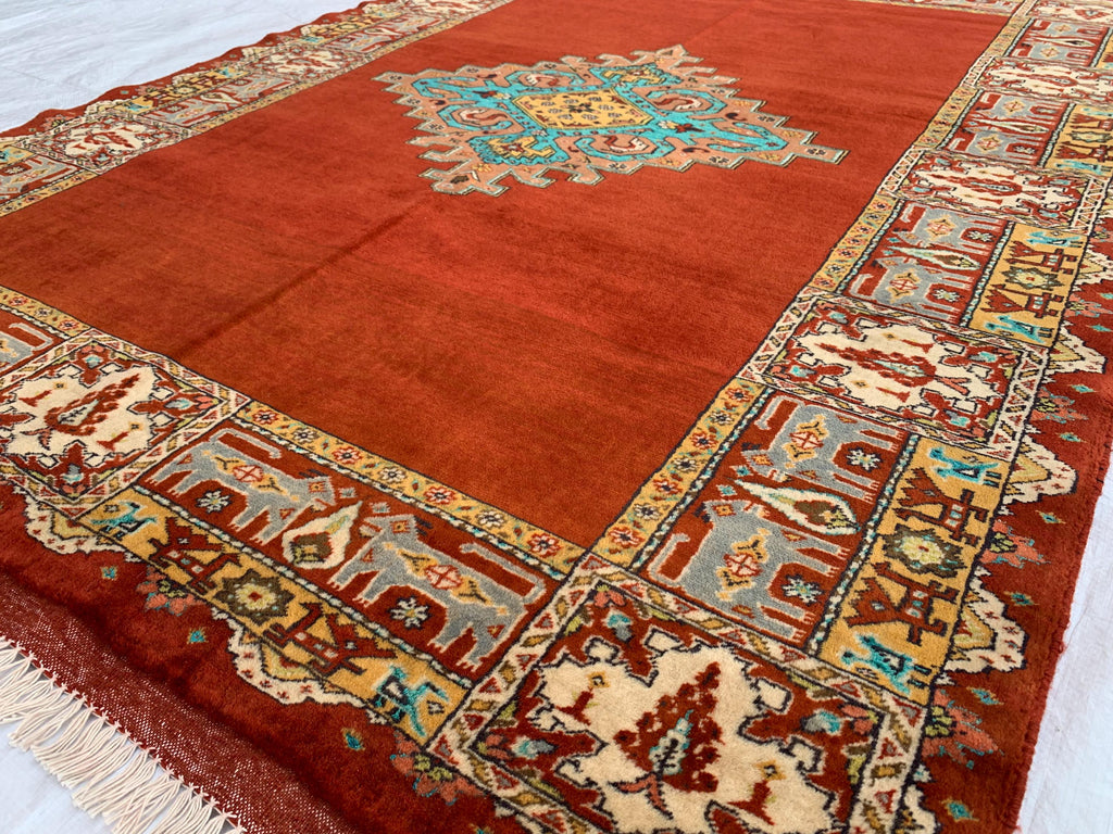 Antique 4.6x6 ft Rusty Red Wool & Silk Rug–Handmade Persian Carpet – One-of-a-Kind Distressed Boho Rug– Non-Slip Luxurious Collector’s Piece
