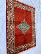 Antique 4.6x6 ft Rusty Red Wool & Silk Rug–Handmade Persian Carpet – One-of-a-Kind Distressed Boho Rug– Non-Slip Luxurious Collector’s Piece