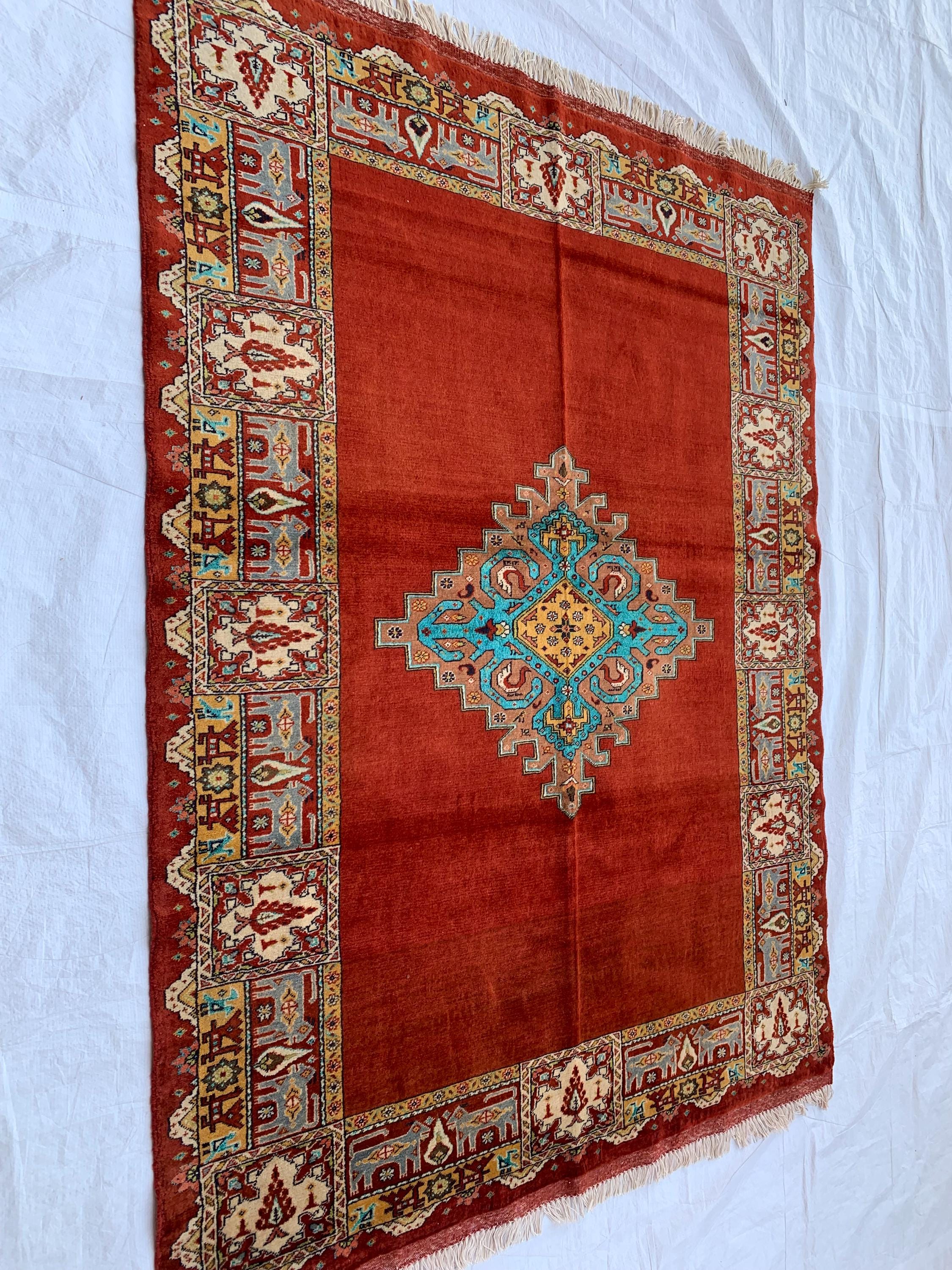 Antique 4.6x6 ft Rusty Red Wool & Silk Rug–Handmade Persian Carpet – One-of-a-Kind Distressed Boho Rug– Non-Slip Luxurious Collector’s Piece