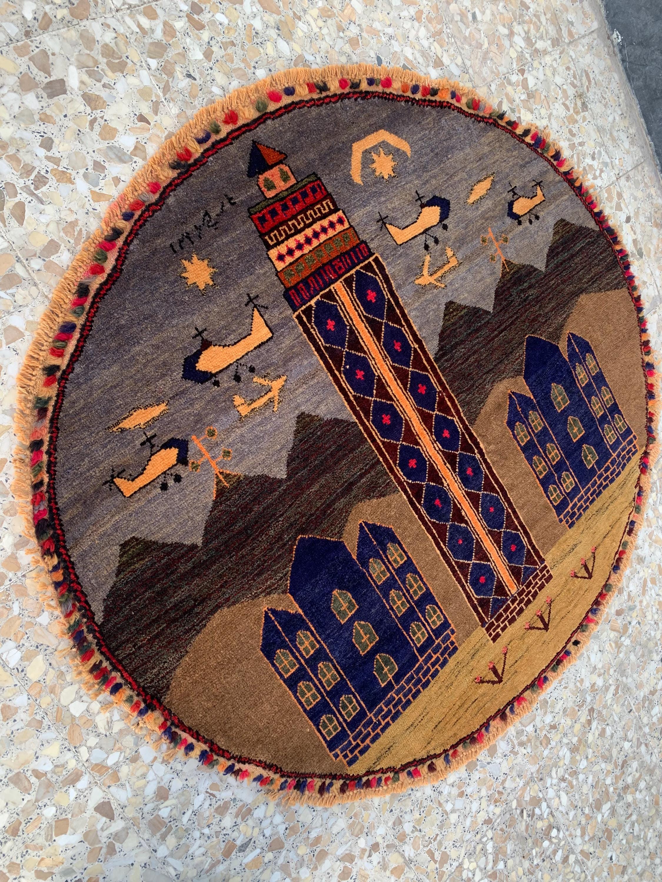 Vintage Afghan Pictorial Round wool Rug – Antique Handwoven Wool Carpet 4x4.4 ft – Tribal Art for Wall Hanging, Living Room, or Boho Decor,
