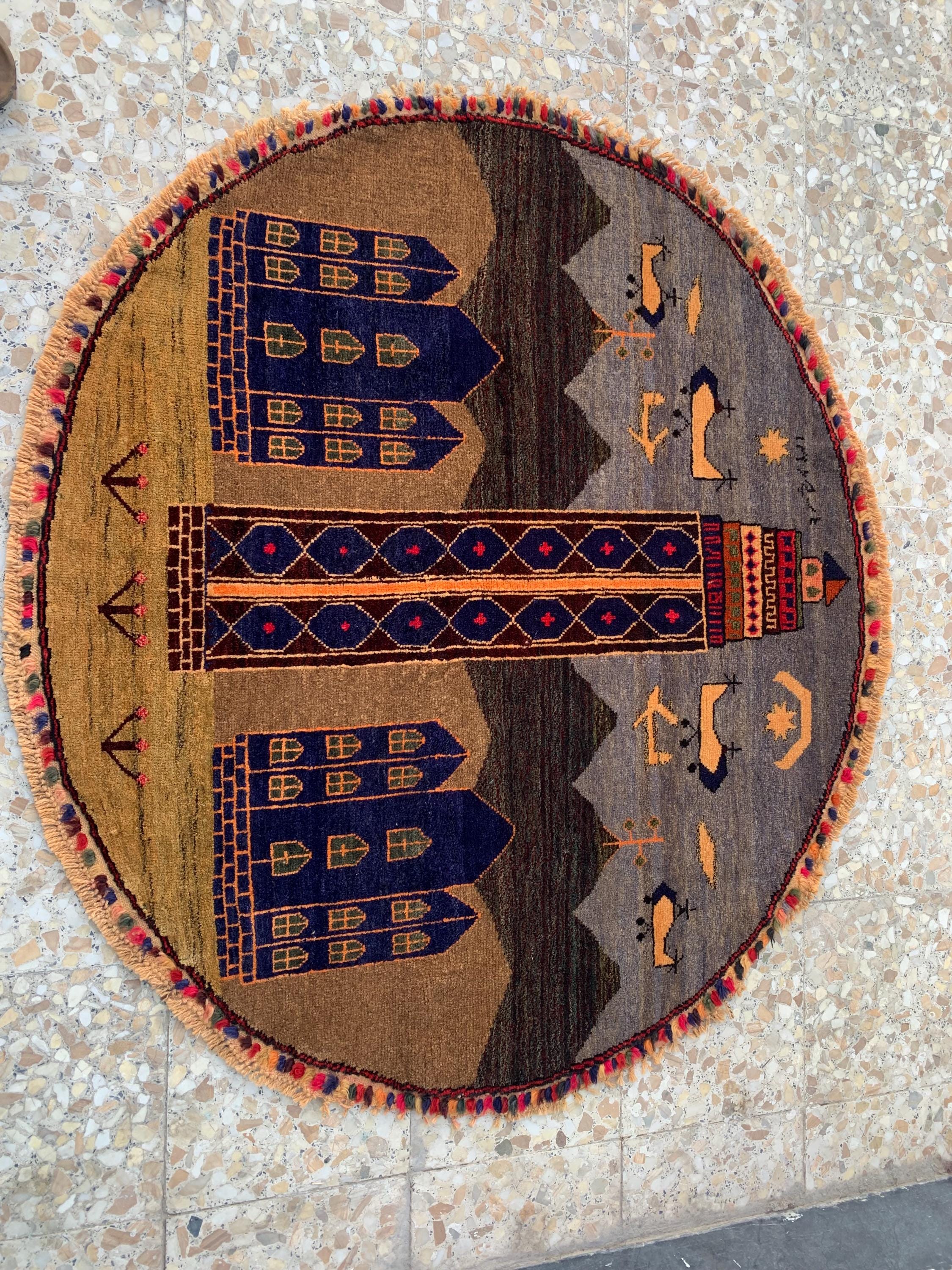 Vintage Afghan Pictorial Round wool Rug – Antique Handwoven Wool Carpet 4x4.4 ft – Tribal Art for Wall Hanging, Living Room, or Boho Decor,