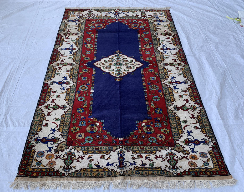 4x7 Medium Size Handmade Persian Rug – Wool Area Rug, Traditional Medallion Design, Red & Navy Blue Carpet, Oriental Home Decor, 4.3x6.10