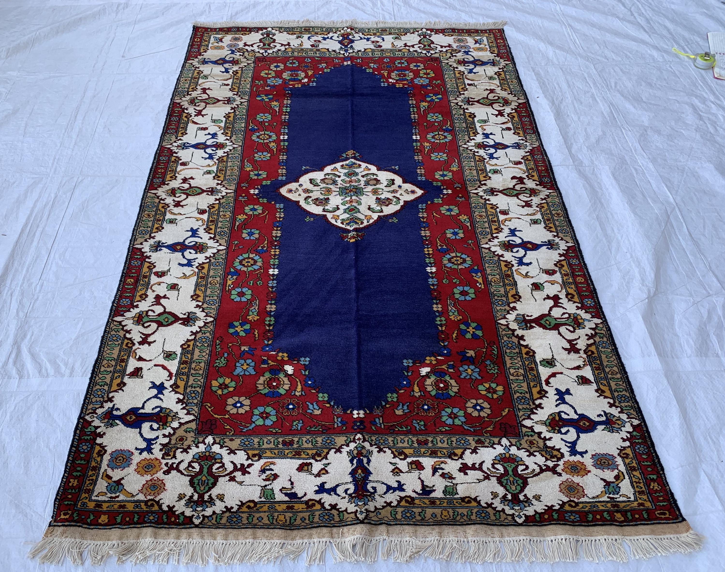 4x7 Medium Size Handmade Persian Rug – Wool Area Rug, Traditional Medallion Design, Red & Navy Blue Carpet, Oriental Home Decor, 4.3x6.10