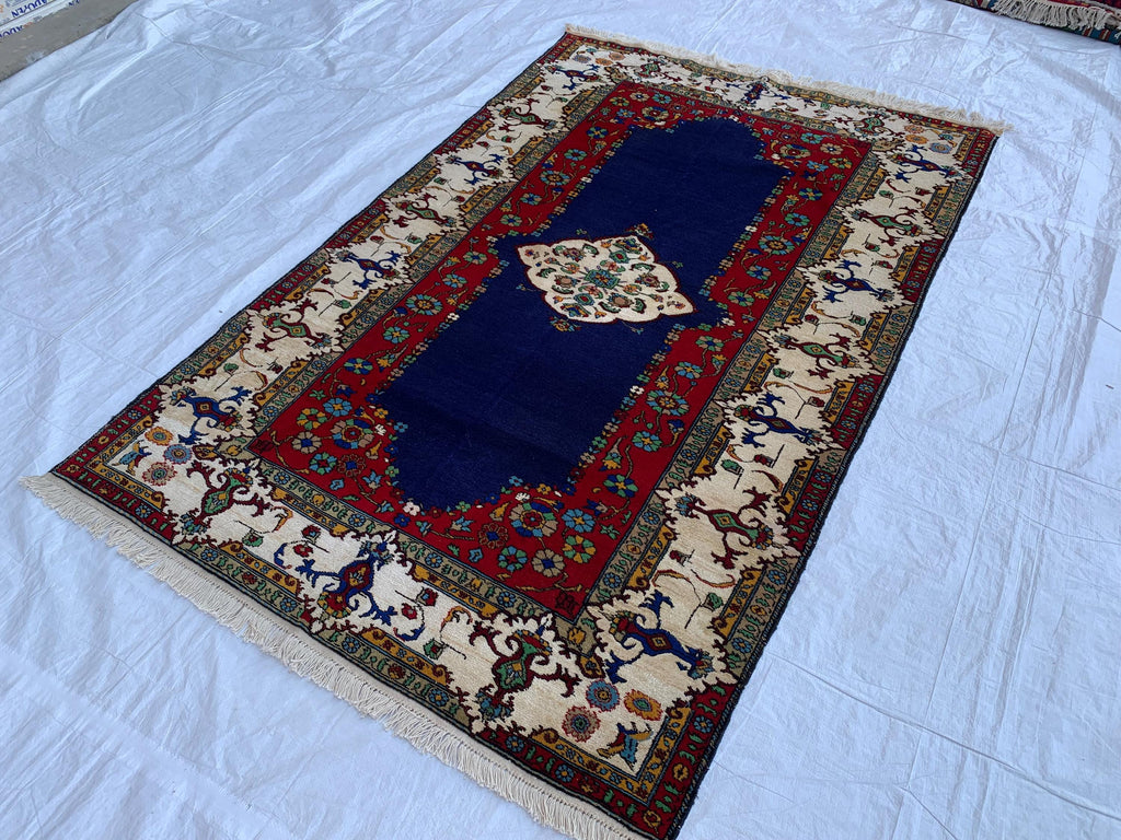 4x7 Medium Size Handmade Persian Rug – Wool Area Rug, Traditional Medallion Design, Red & Navy Blue Carpet, Oriental Home Decor, 4.3x6.10