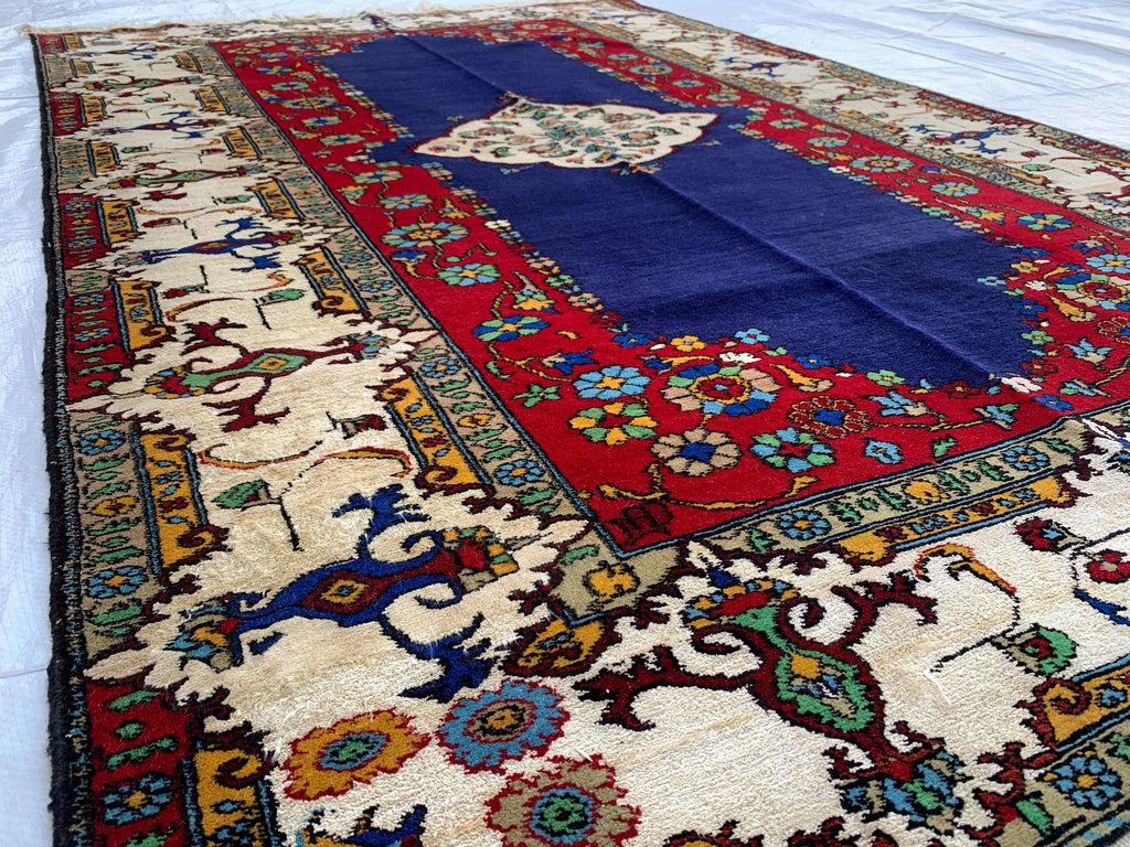 4x7 Medium Size Handmade Persian Rug – Wool Area Rug, Traditional Medallion Design, Red & Navy Blue Carpet, Oriental Home Decor, 4.3x6.10