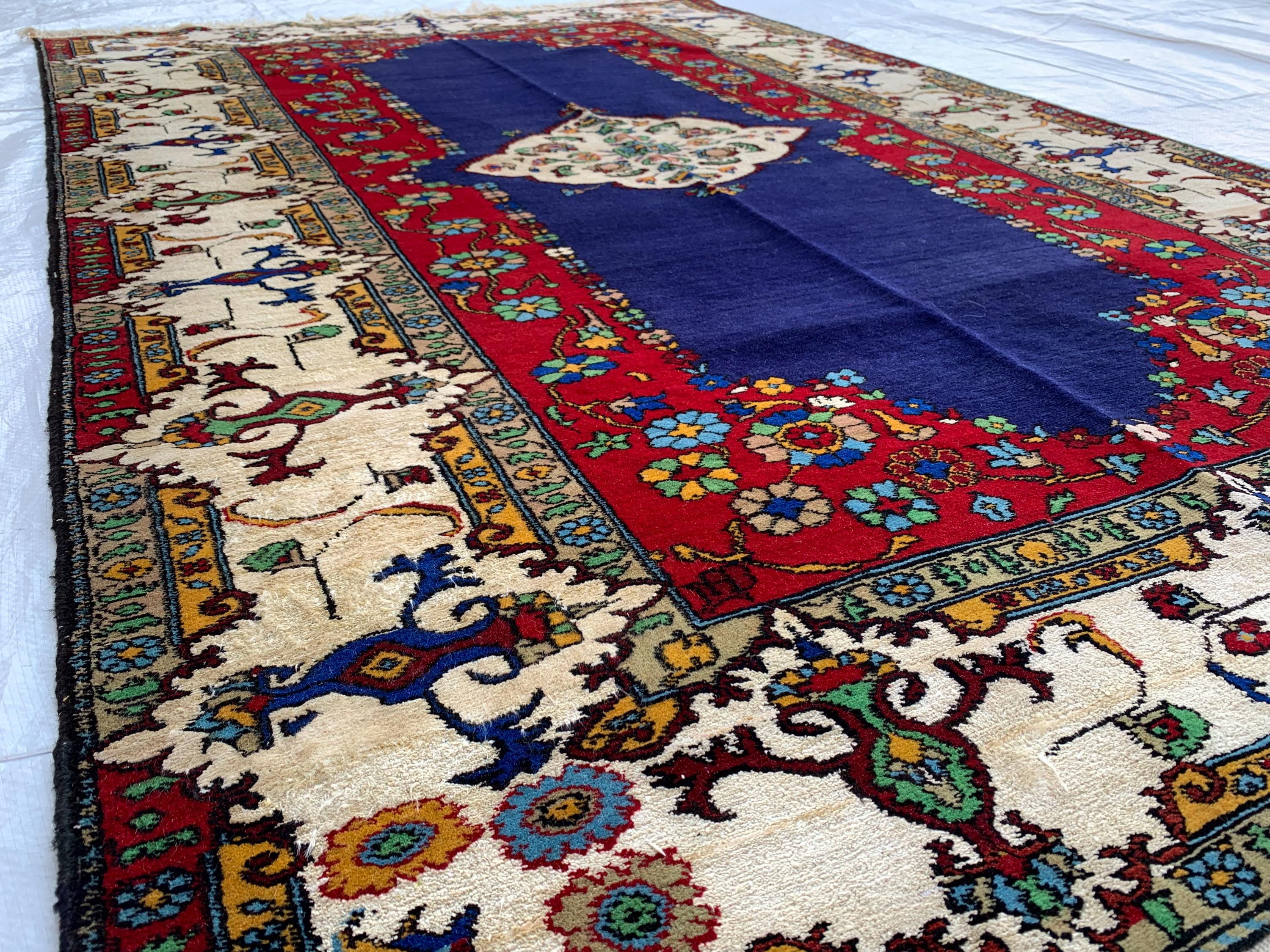 4x7 Medium Size Handmade Persian Rug – Wool Area Rug, Traditional Medallion Design, Red & Navy Blue Carpet, Oriental Home Decor, 4.3x6.10
