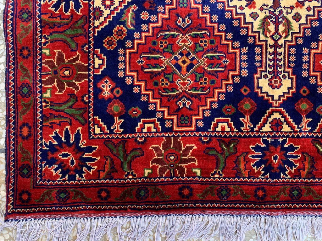 4x5ft, Handmade Square Rug – Red, Beige & Blue Wool Area Carpet, Afghan Tribal Oriental Design, Small Room or Entryway Rug, dining table rug
