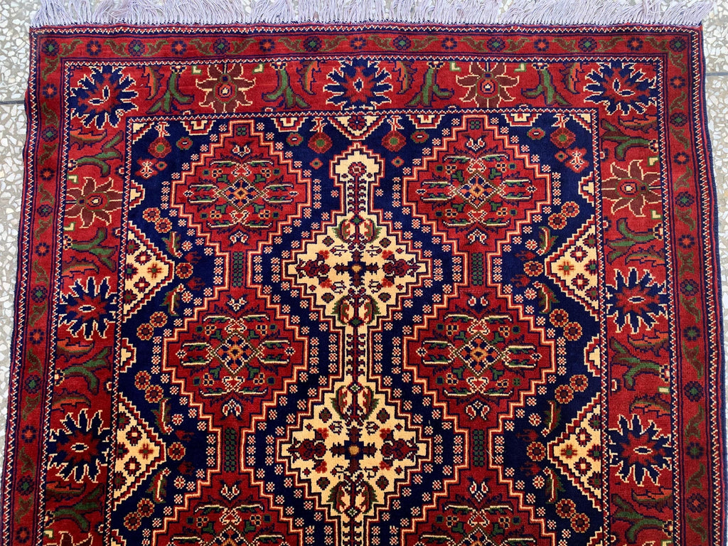 4x5ft, Handmade Square Rug – Red, Beige & Blue Wool Area Carpet, Afghan Tribal Oriental Design, Small Room or Entryway Rug, dining table rug