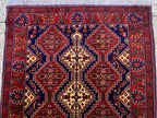 4x5ft, Handmade Square Rug – Red, Beige & Blue Wool Area Carpet, Afghan Tribal Oriental Design, Small Room or Entryway Rug, dining table rug