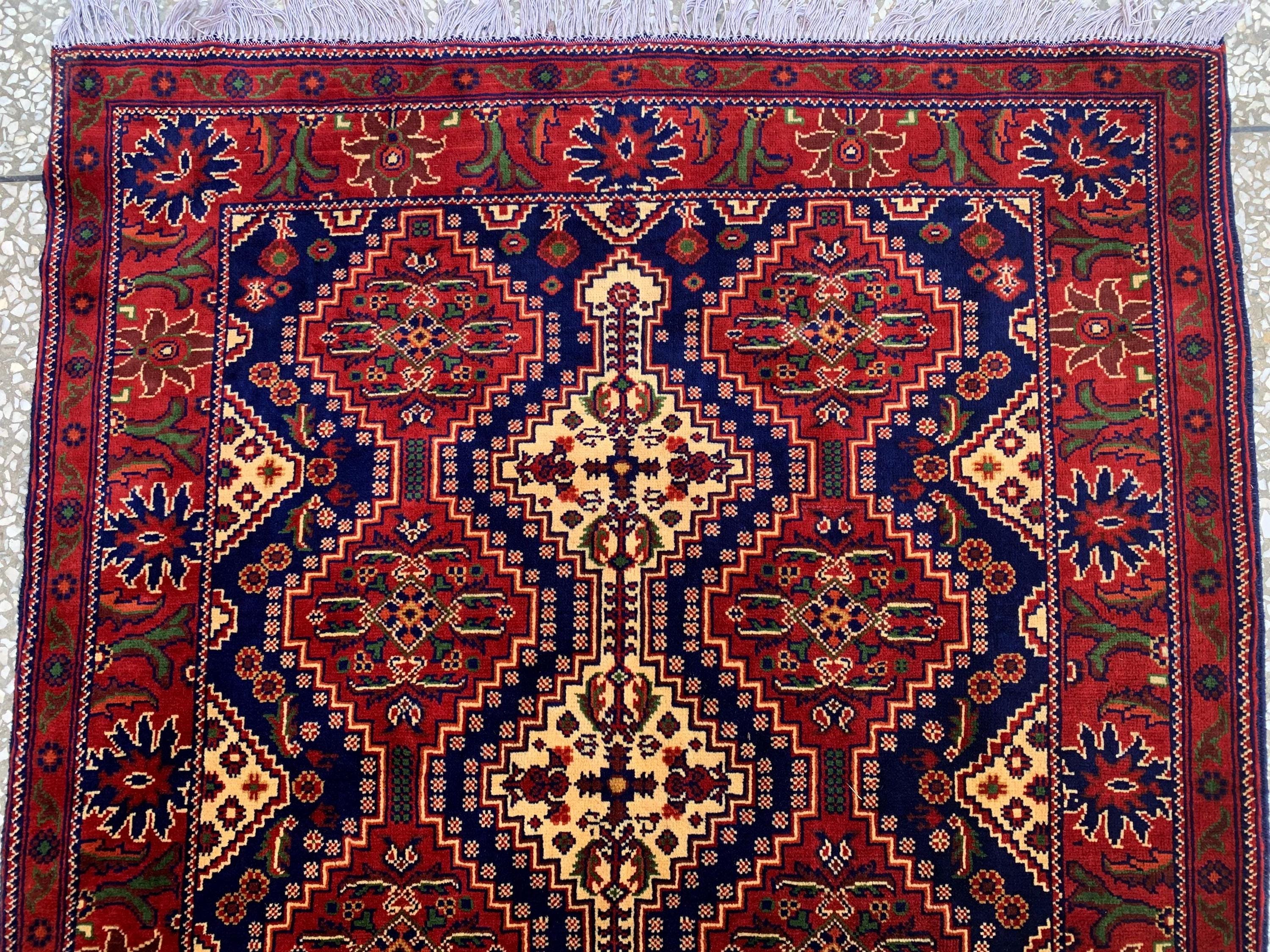4x5ft, Handmade Square Rug – Red, Beige & Blue Wool Area Carpet, Afghan Tribal Oriental Design, Small Room or Entryway Rug, dining table rug