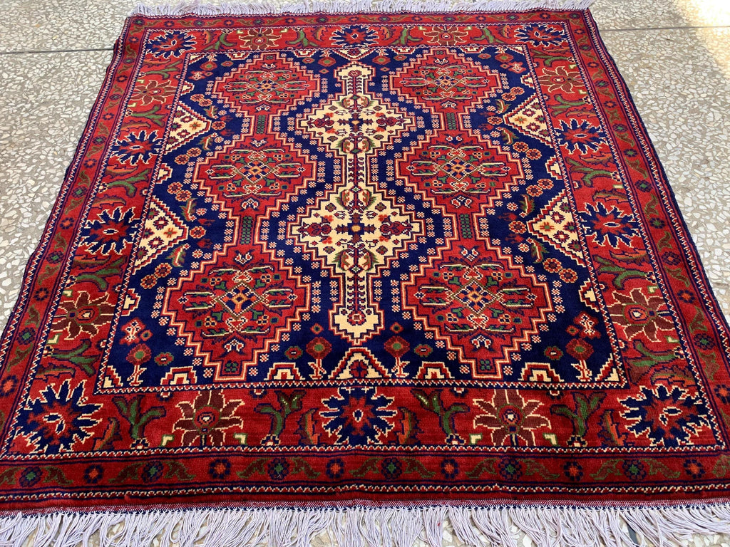 4x5ft, Handmade Square Rug – Red, Beige & Blue Wool Area Carpet, Afghan Tribal Oriental Design, Small Room or Entryway Rug, dining table rug