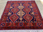 4x5ft, Handmade Square Rug – Red, Beige & Blue Wool Area Carpet, Afghan Tribal Oriental Design, Small Room or Entryway Rug, dining table rug