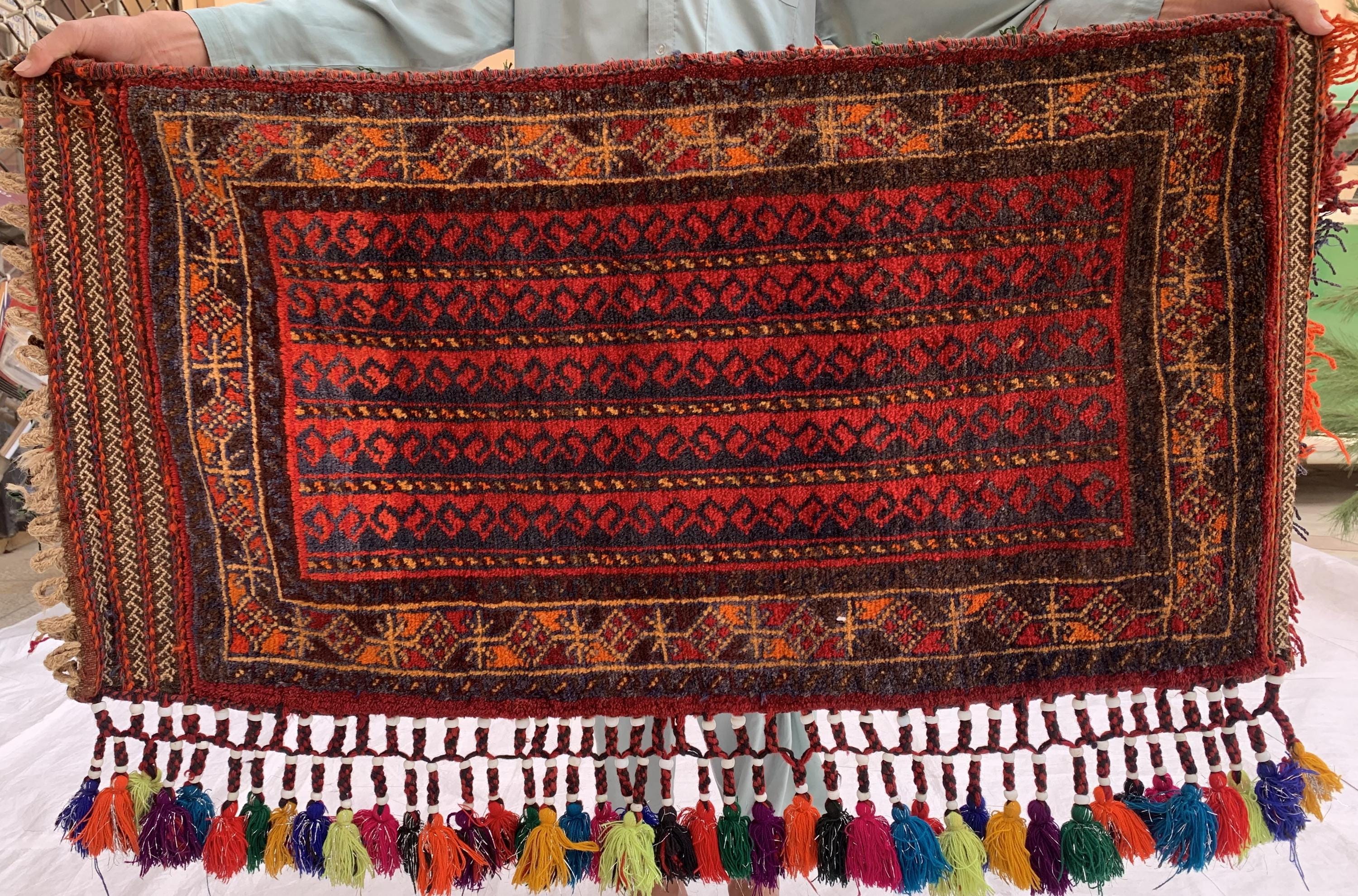 Vintage Afghan Cushion Cover –Faded Tribal Carpet Pillow – Handmade Textile–2x3’9 Decorative Rug Cushion for Boho or Collector Decor