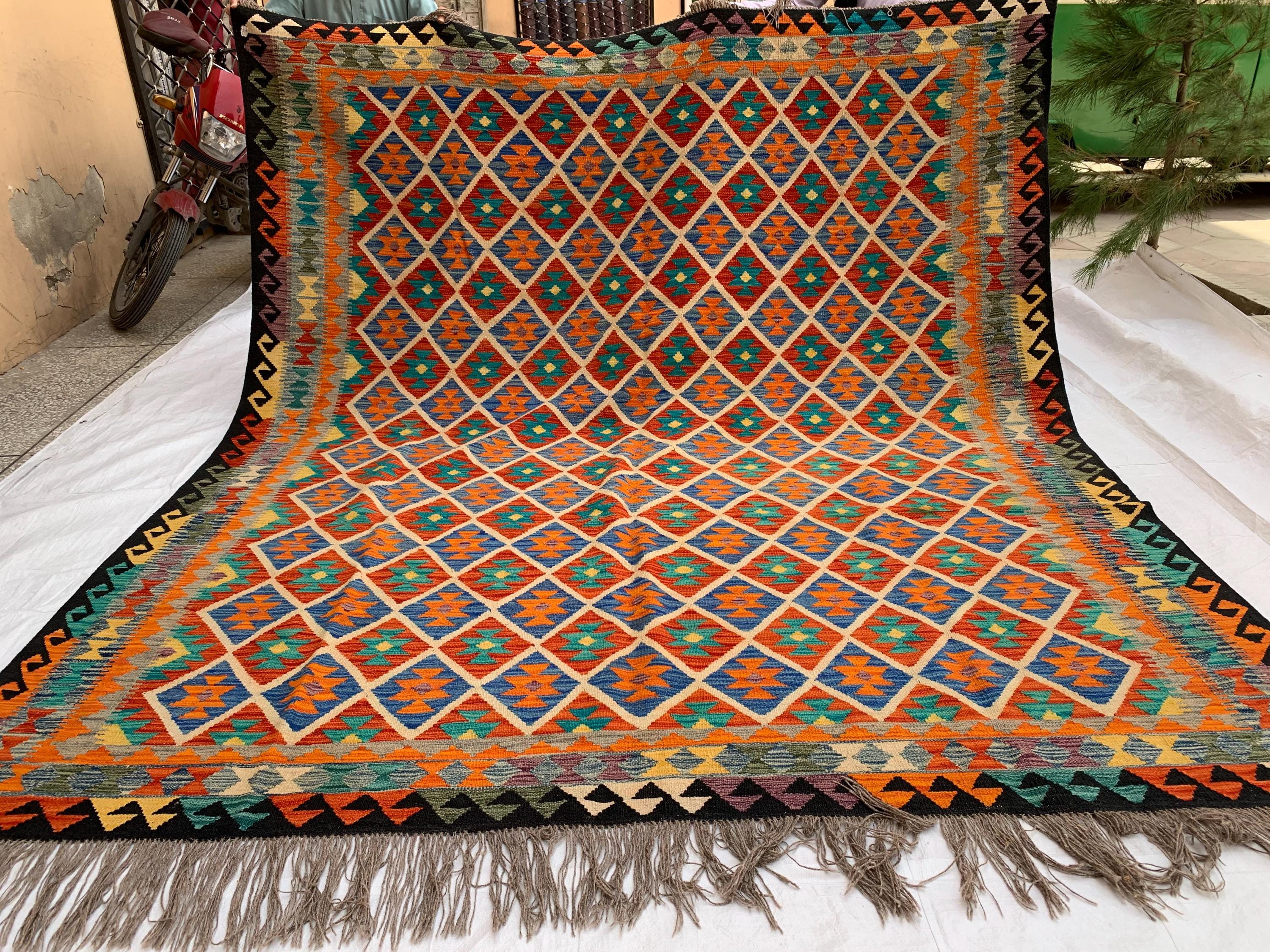 8x10 Handmade Multicolor Afghan Kilim Rug – Wool Tribal Area Rug | Vintage Flatweave Carpet | Boho Geometric Decor | Large Lightweight Rug